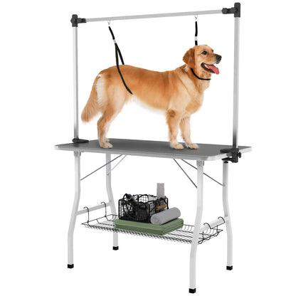 PawHut 42in Foldable Dog Grooming Table, Pet Grooming Table with Adjustable Grooming Arms, Storage Shelf, Two Nooses, 42" x 24" x 61", Black
