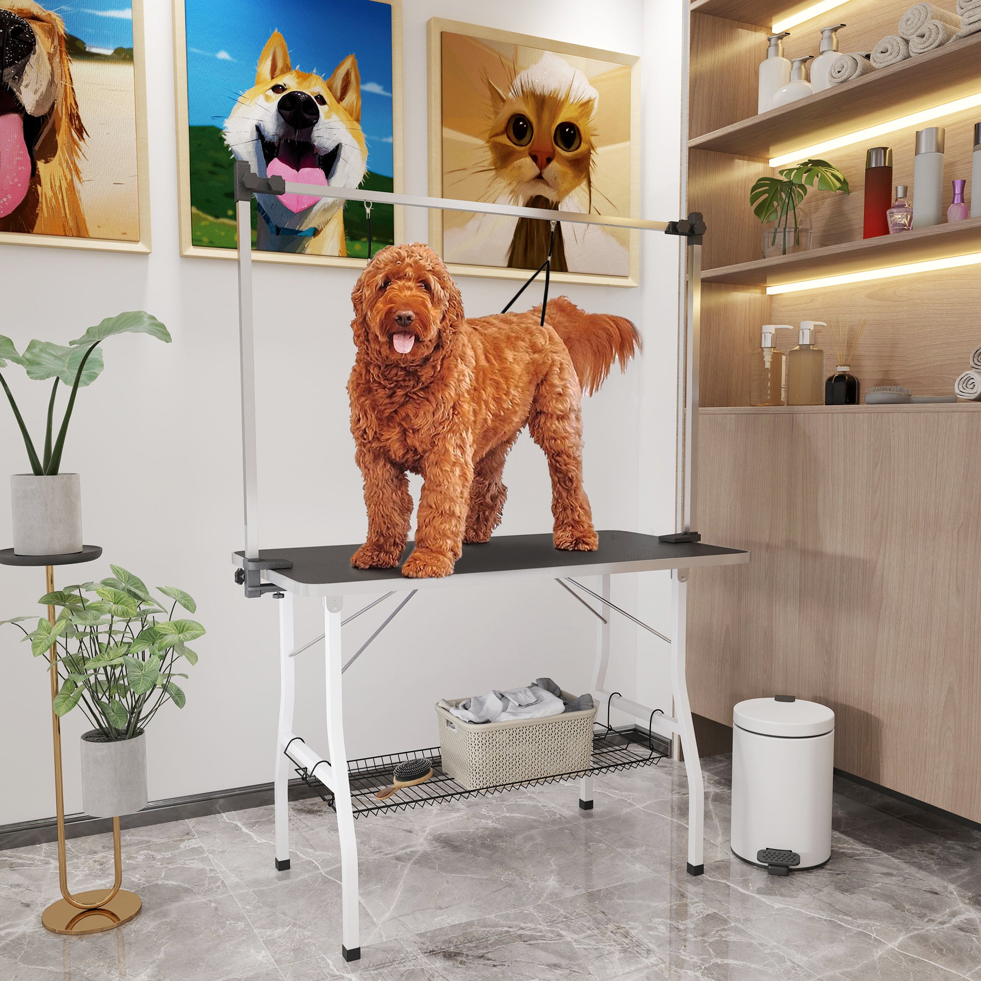 PawHut 42in Foldable Dog Grooming Table, Pet Grooming Table with Adjustable Grooming Arms, Storage Shelf, Two Nooses, 42" x 24" x 61", Black