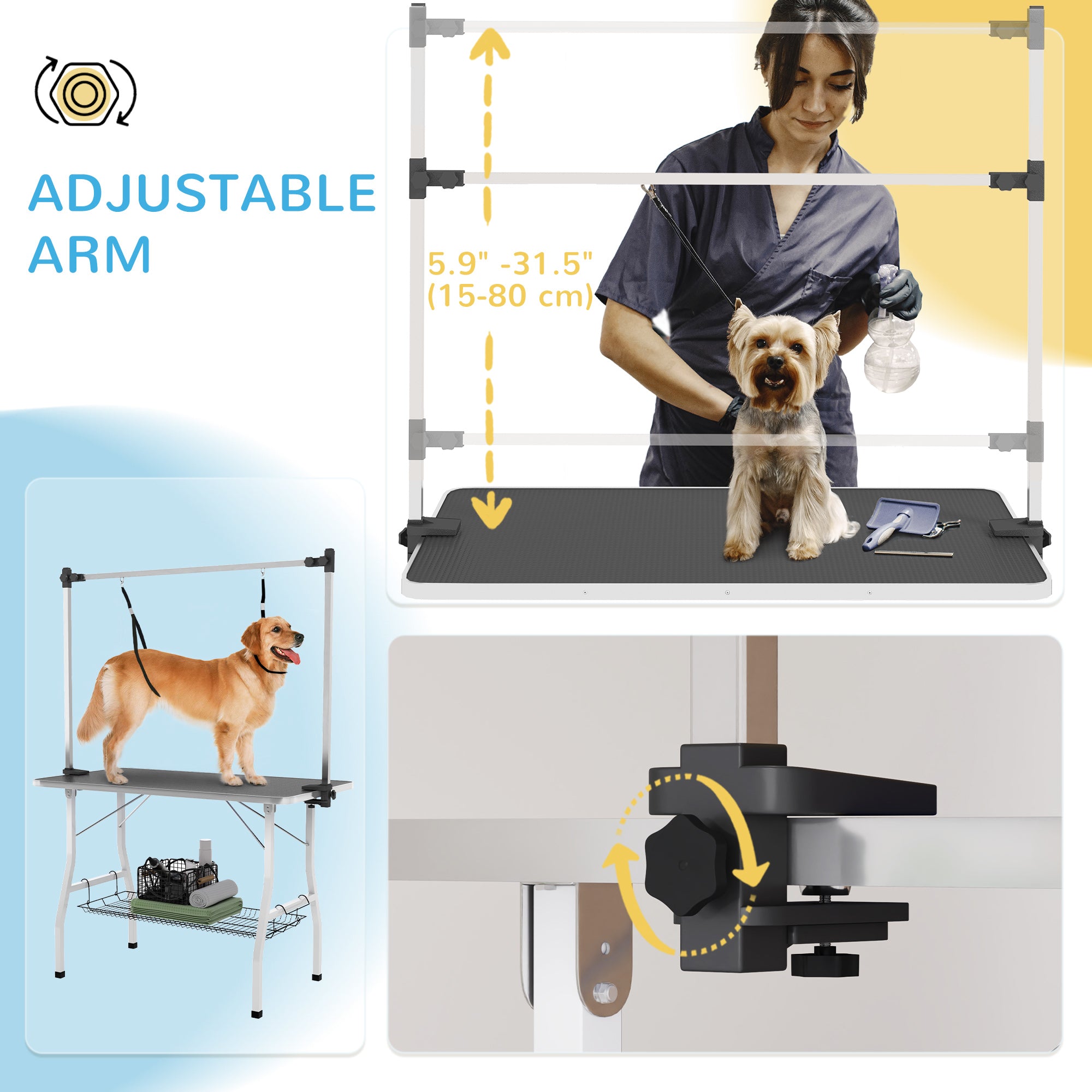 PawHut 42in Foldable Dog Grooming Table, Pet Grooming Table with Adjustable Grooming Arms, Storage Shelf, Two Nooses, 42" x 24" x 61", Black