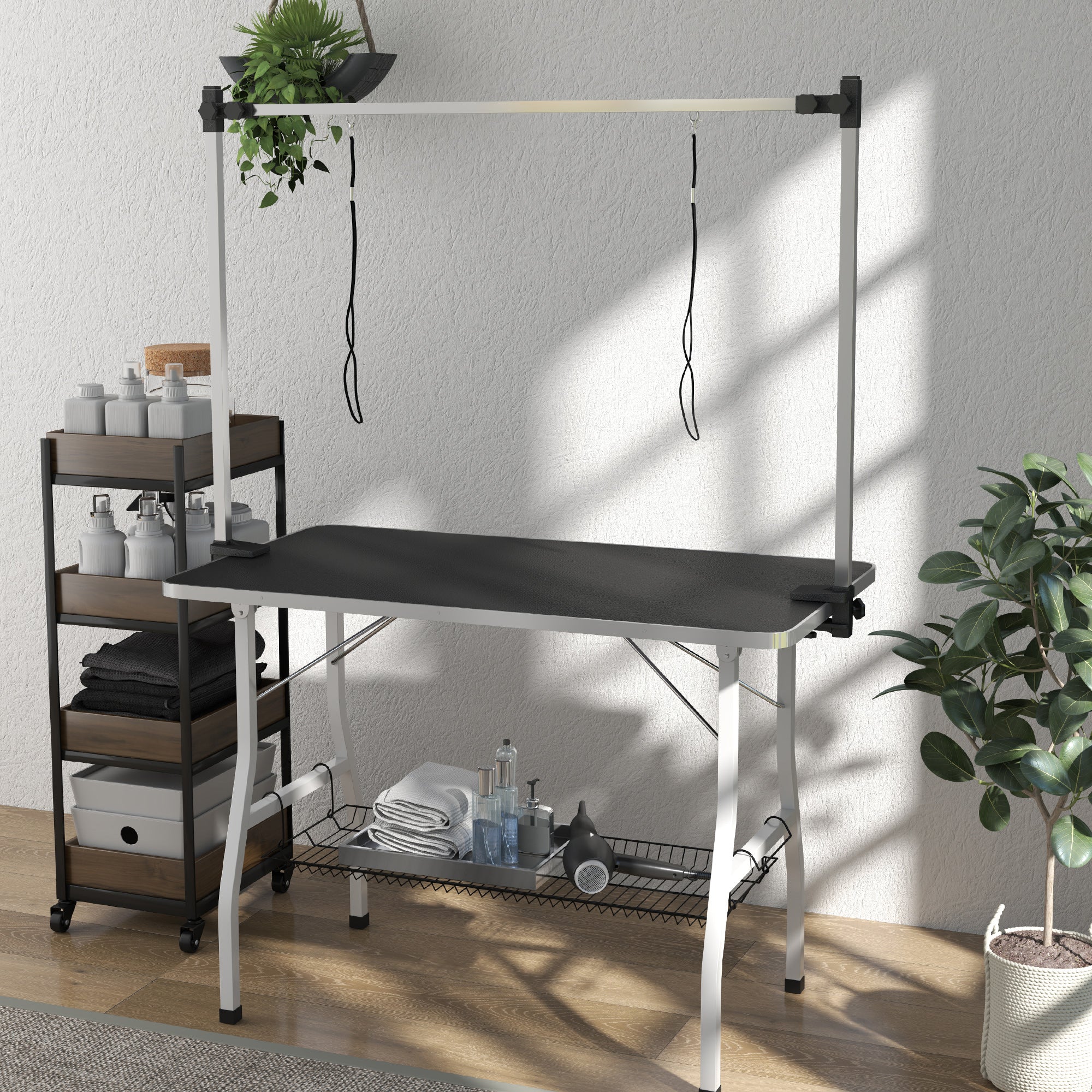 PawHut 42in Foldable Dog Grooming Table, Pet Grooming Table with Adjustable Grooming Arms, Storage Shelf, Two Nooses, 42" x 24" x 61", Black