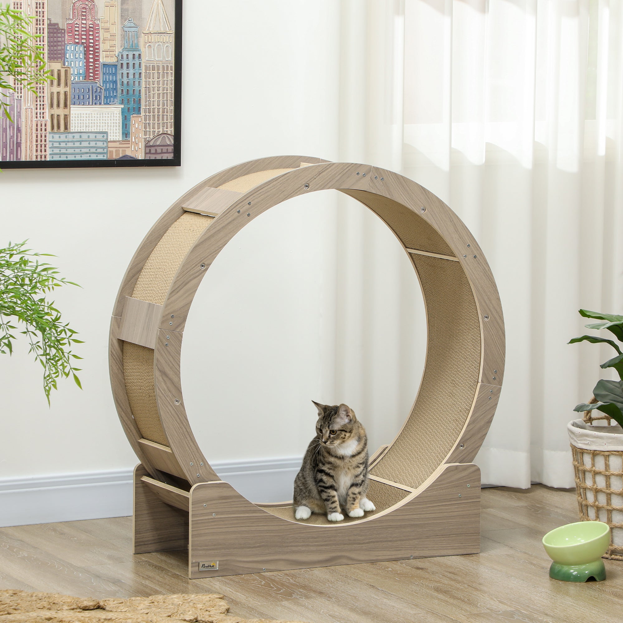 PawHut Cat Wheel for Indoor Cats, Cat Treadmill with Brake, Scratching Pads, Cat Exercise Wheel for Health - Walnut Brown
