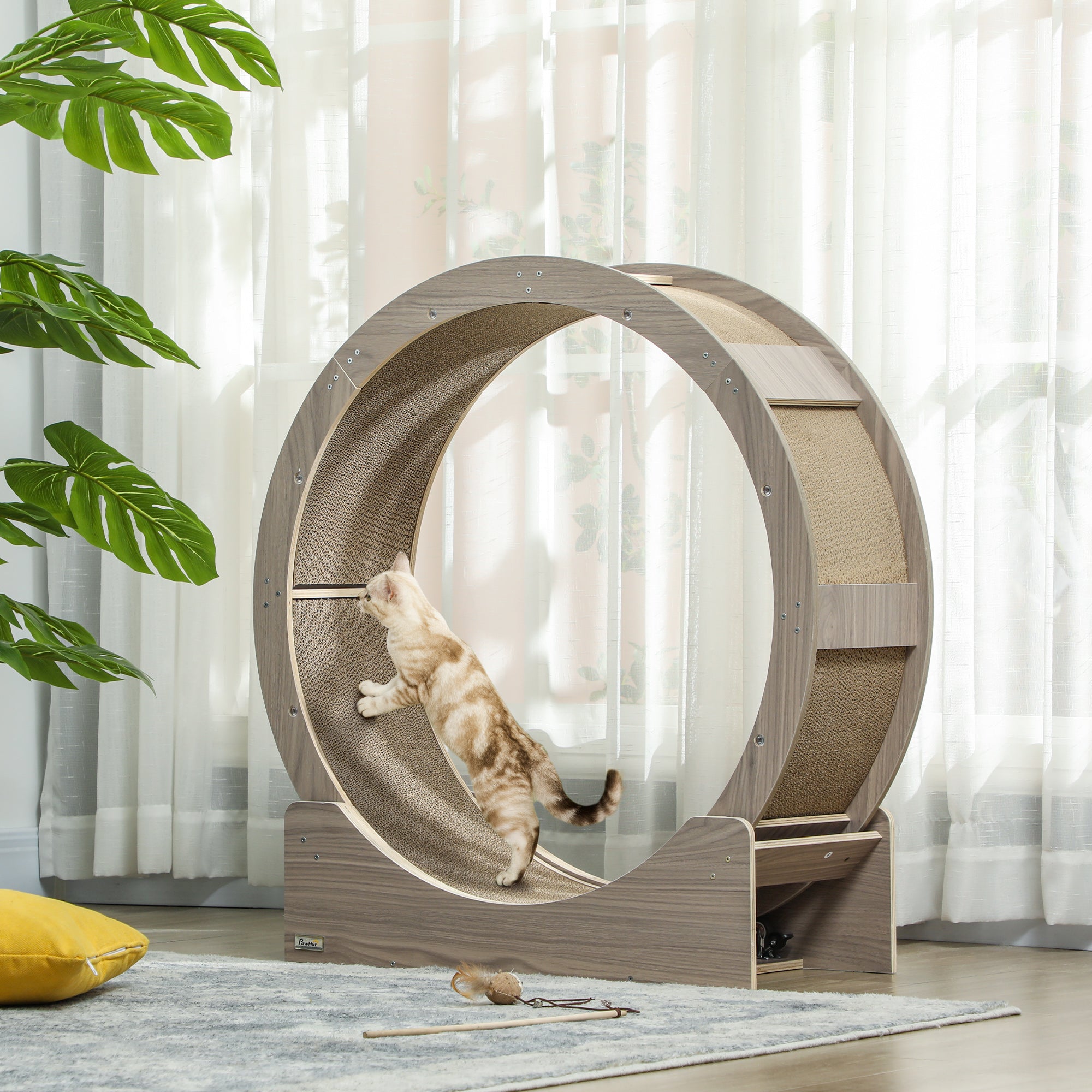 PawHut Cat Wheel for Indoor Cats, Cat Treadmill with Brake, Scratching Pads, Cat Exercise Wheel for Health - Walnut Brown