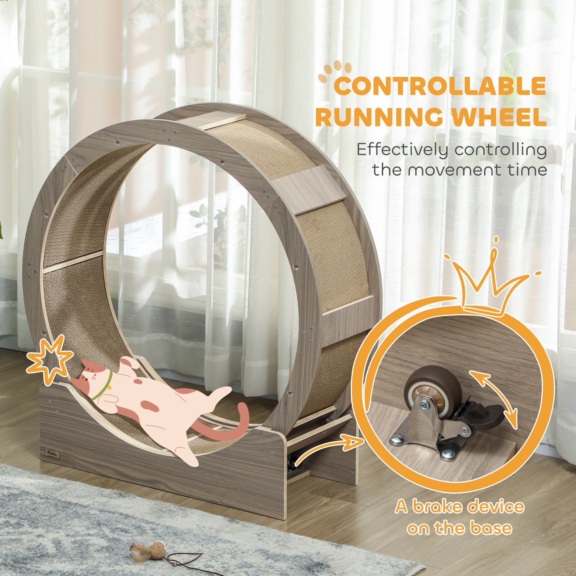 PawHut Cat Wheel for Indoor Cats, Cat Treadmill with Brake, Scratching Pads, Cat Exercise Wheel for Health - Walnut Brown