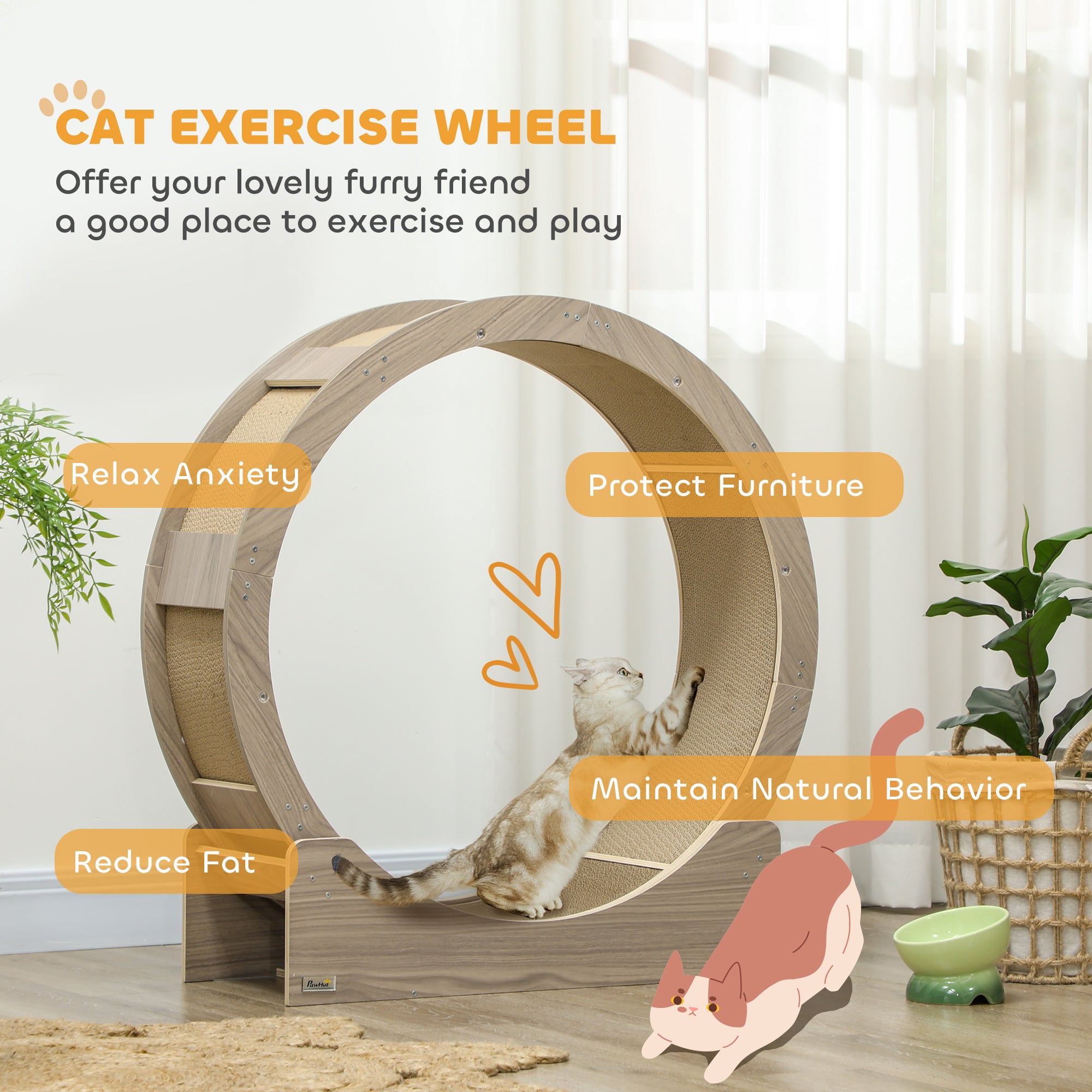 PawHut Cat Wheel for Indoor Cats, Cat Treadmill with Brake, Scratching Pads, Cat Exercise Wheel for Health - Walnut Brown
