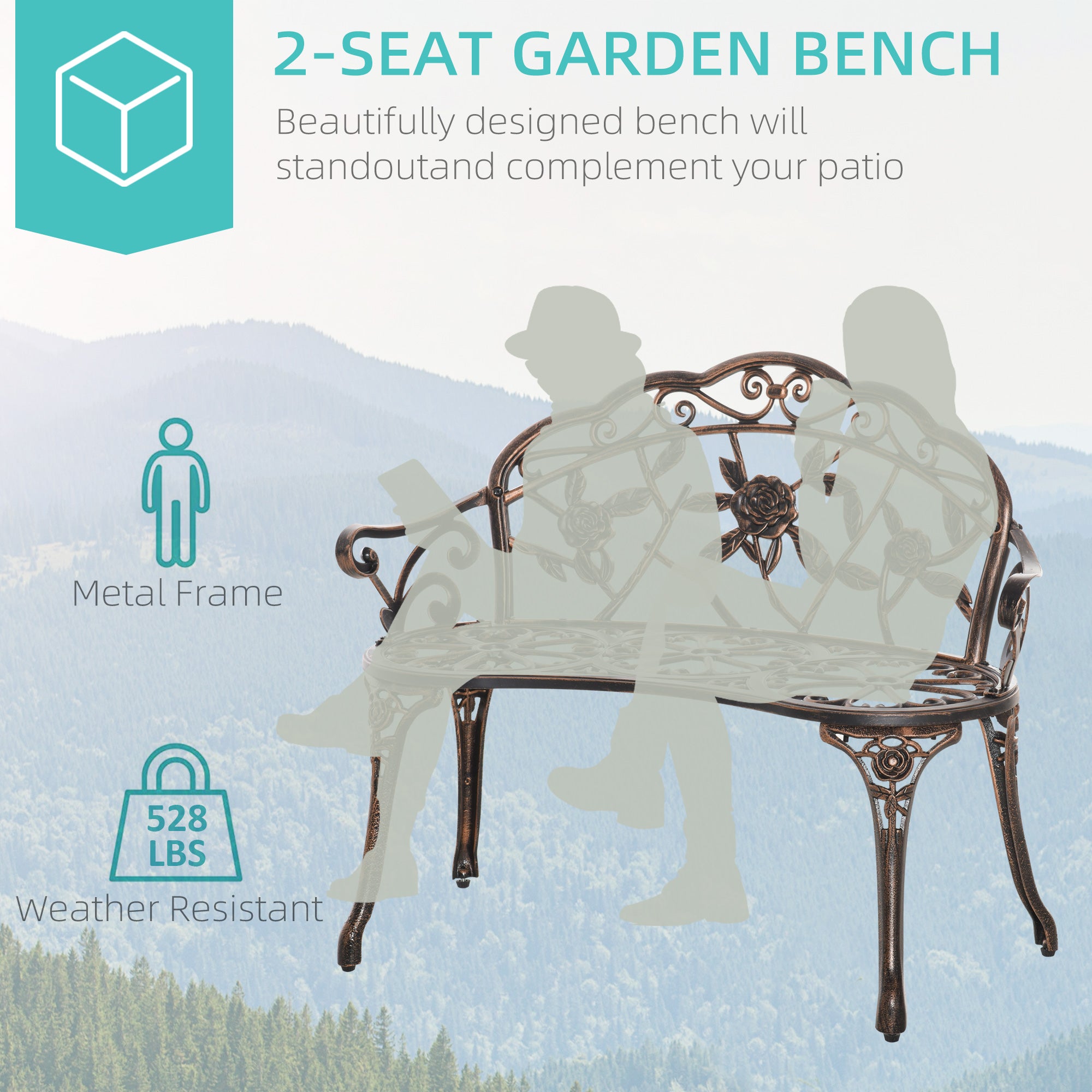 Outsunny 40" Outdoor Garden Bench, Cast Aluminum Antique Rose Style Patio Garden Park Loveseat Bench for Backyard, Porch, Balcony, Lawn, Bronze