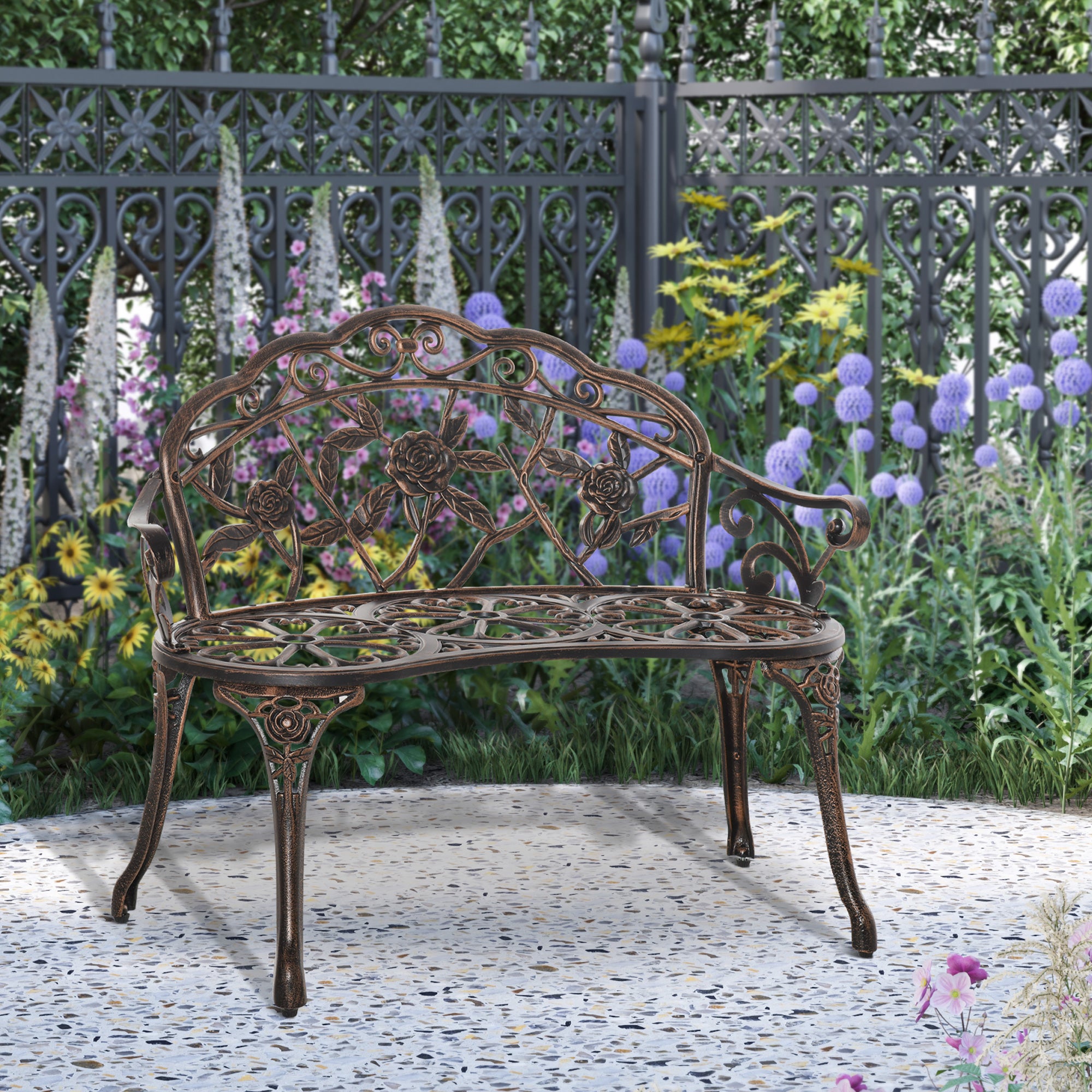 Outsunny 40" Outdoor Garden Bench, Cast Aluminum Antique Rose Style Patio Garden Park Loveseat Bench for Backyard, Porch, Balcony, Lawn, Bronze