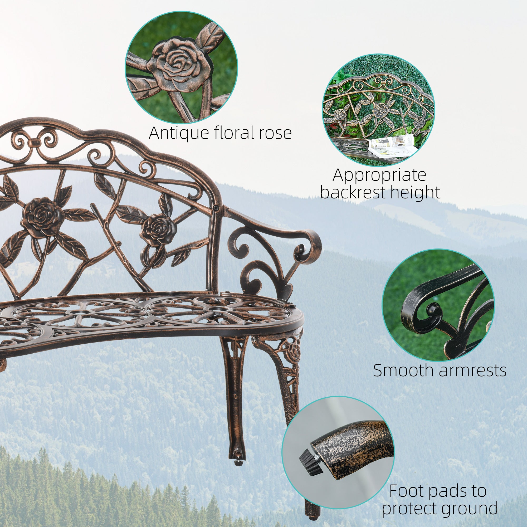 Outsunny 40" Outdoor Garden Bench, Cast Aluminum Antique Rose Style Patio Garden Park Loveseat Bench for Backyard, Porch, Balcony, Lawn, Bronze