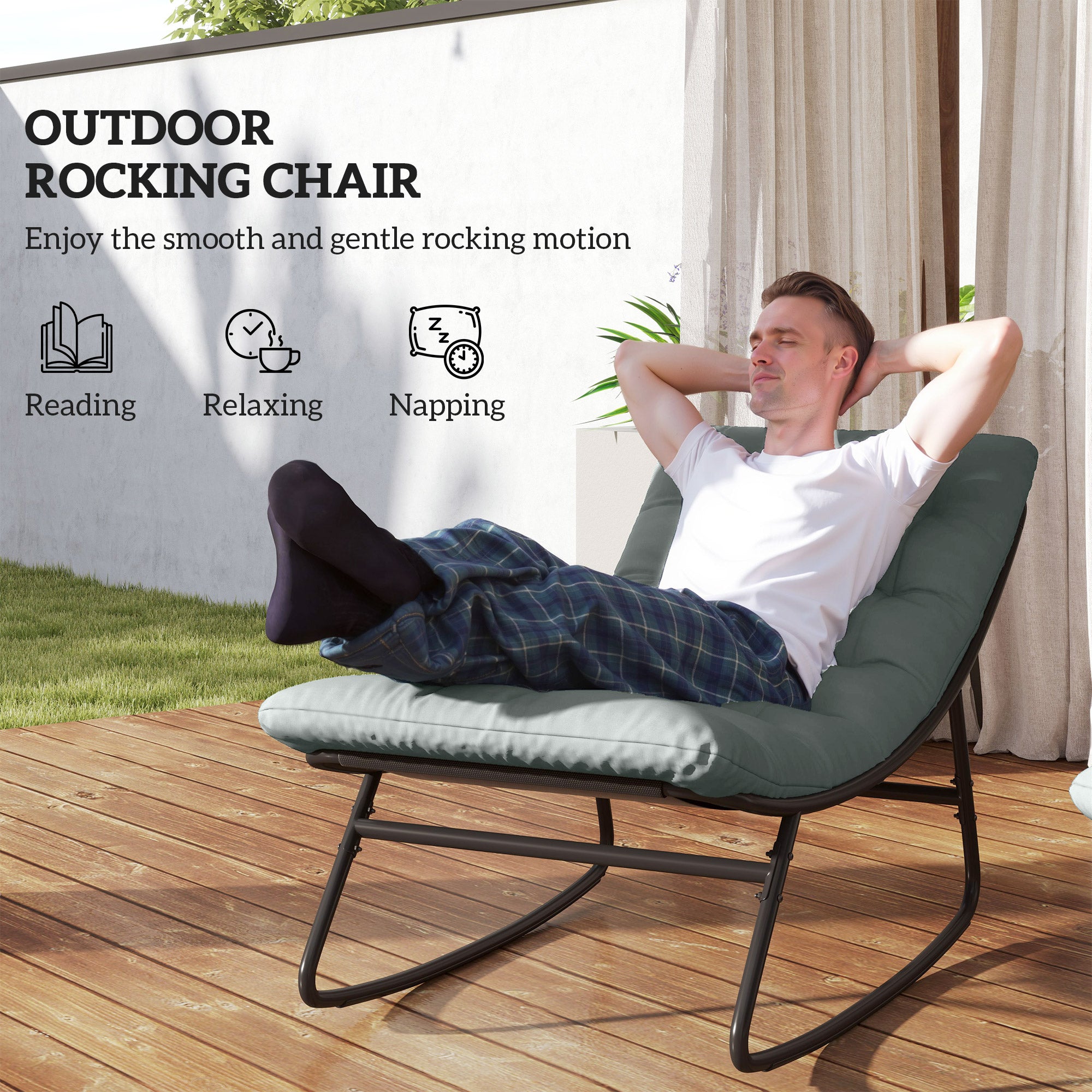Outsunny Outdoor Rocking Chair with Cushion, Patio Rocking Chair with Mesh Deep Seat, Steel Frame Rocking Outdoor Patio Chair for Indoor, Porch, Garden, Dark Grey