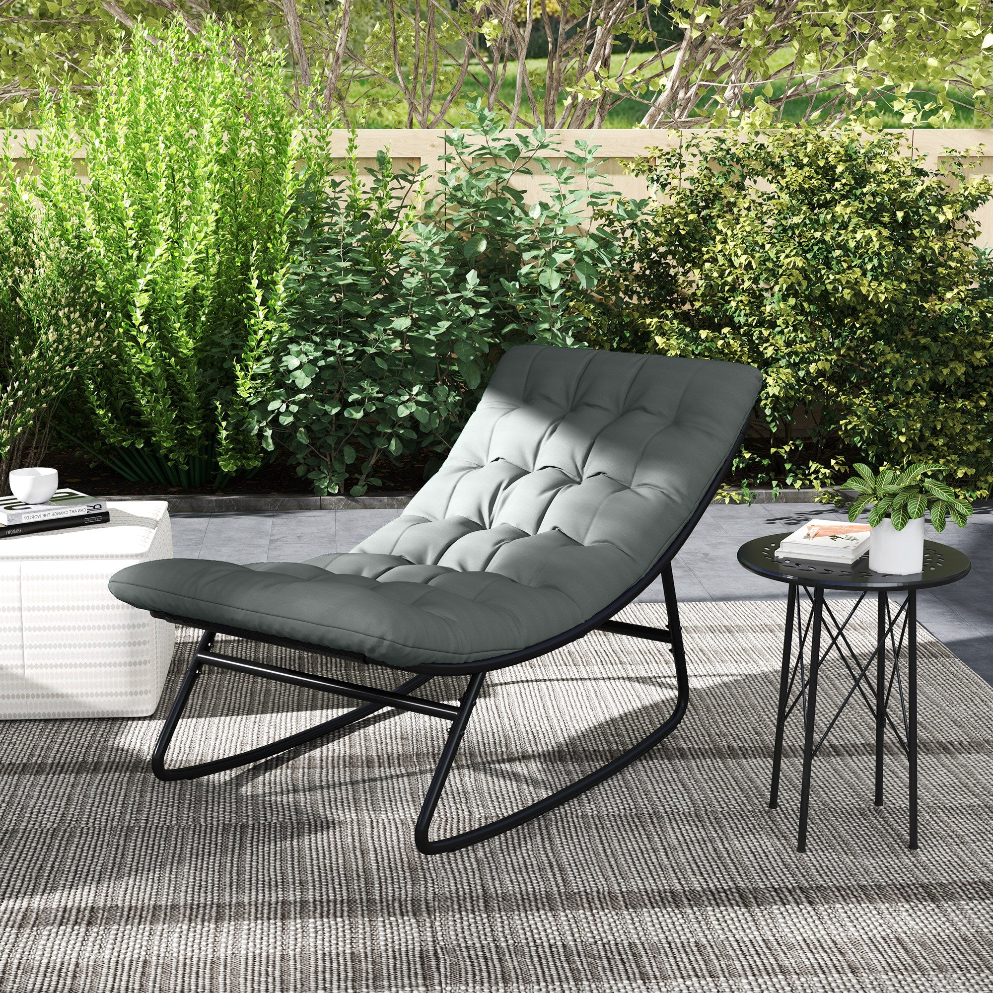 Outsunny Outdoor Rocking Chair with Cushion, Patio Rocking Chair with Mesh Deep Seat, Steel Frame Rocking Outdoor Patio Chair for Indoor, Porch, Garden, Dark Grey