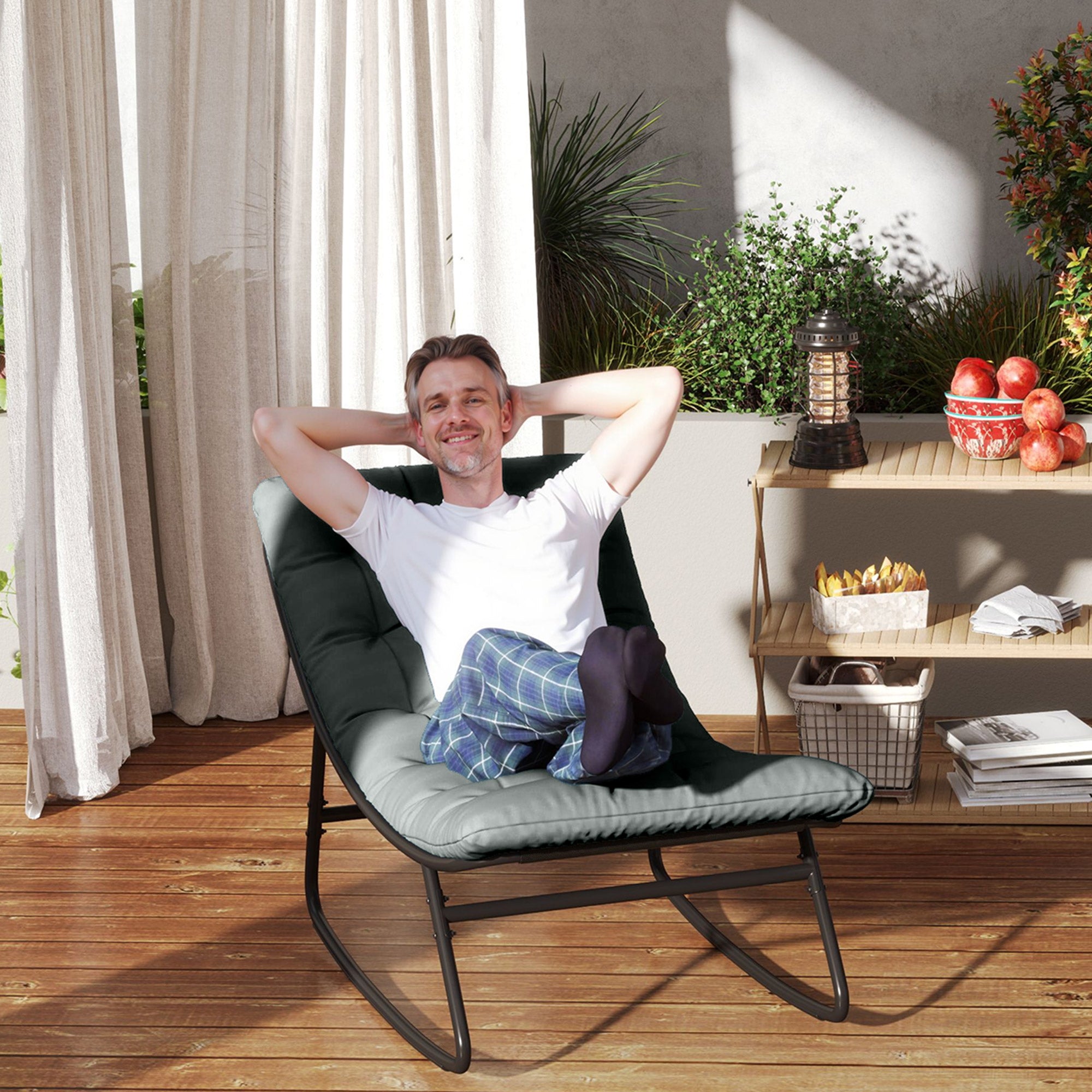 Outsunny Outdoor Rocking Chair with Cushion, Patio Rocking Chair with Mesh Deep Seat, Steel Frame Rocking Outdoor Patio Chair for Indoor, Porch, Garden, Dark Grey