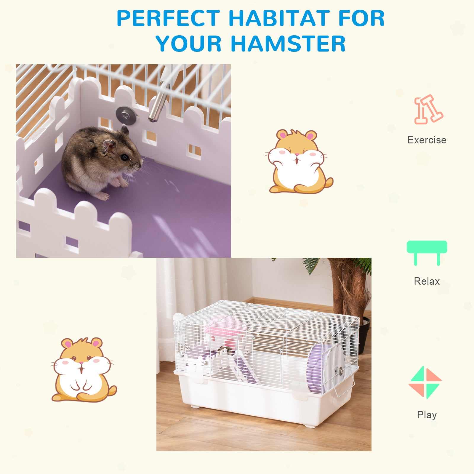 PawHut 2 Tier Hamster Cage Gerbil Rodent House Small Animal Habitat with Water Bottle, Exercise Wheel, Ladder, Hut, White