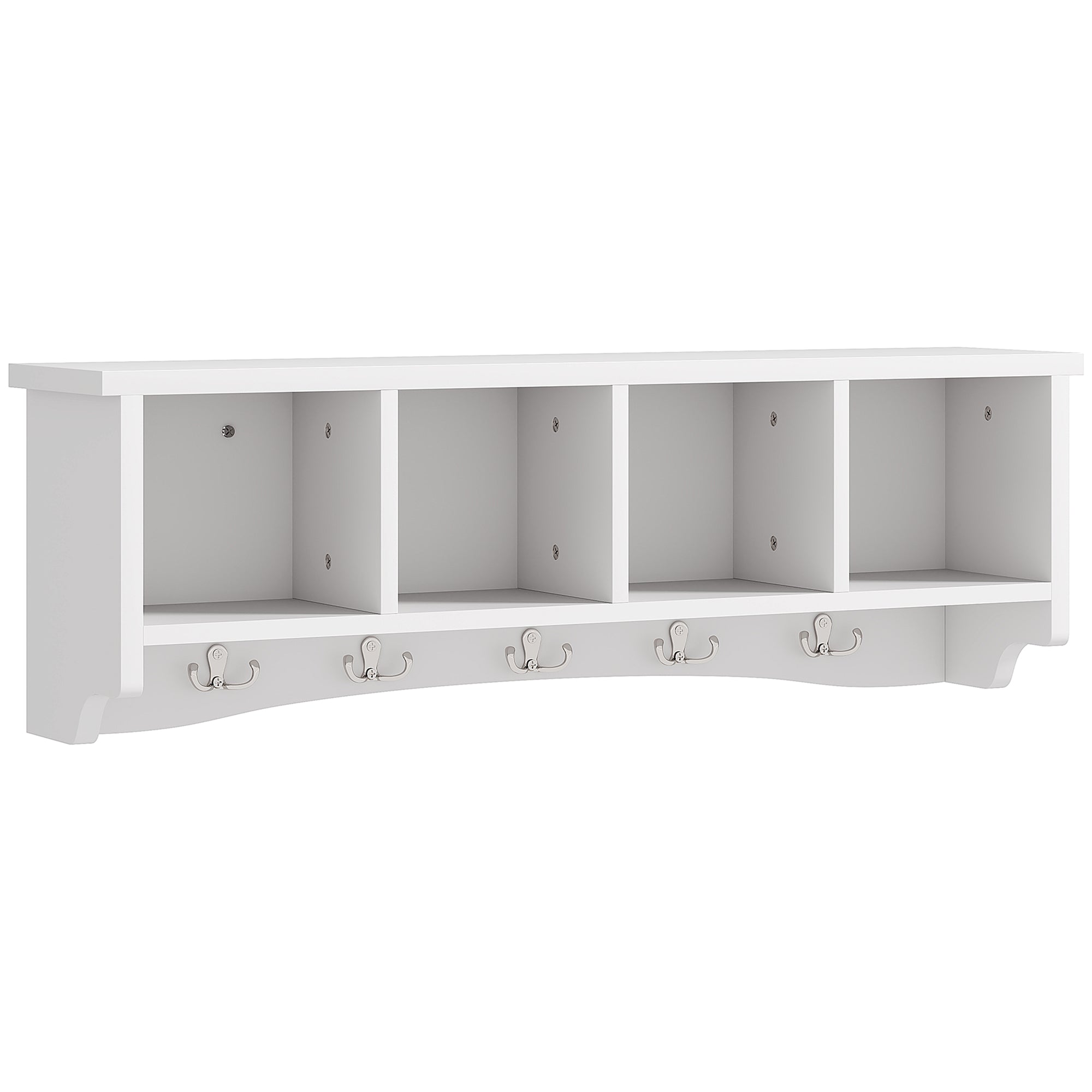 HOMCOM Coat Rack Wall Mount with Shelf, 28" Wall Coat Rack with 5 Double Hooks and 4 Storage Compartments for Bathroom, Living Room, Bedroom, Entryway, White