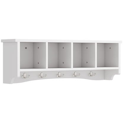 HOMCOM Coat Rack Wall Mount with Shelf, 28" Wall Coat Rack with 5 Double Hooks and 4 Storage Compartments for Bathroom, Living Room, Bedroom, Entryway, White