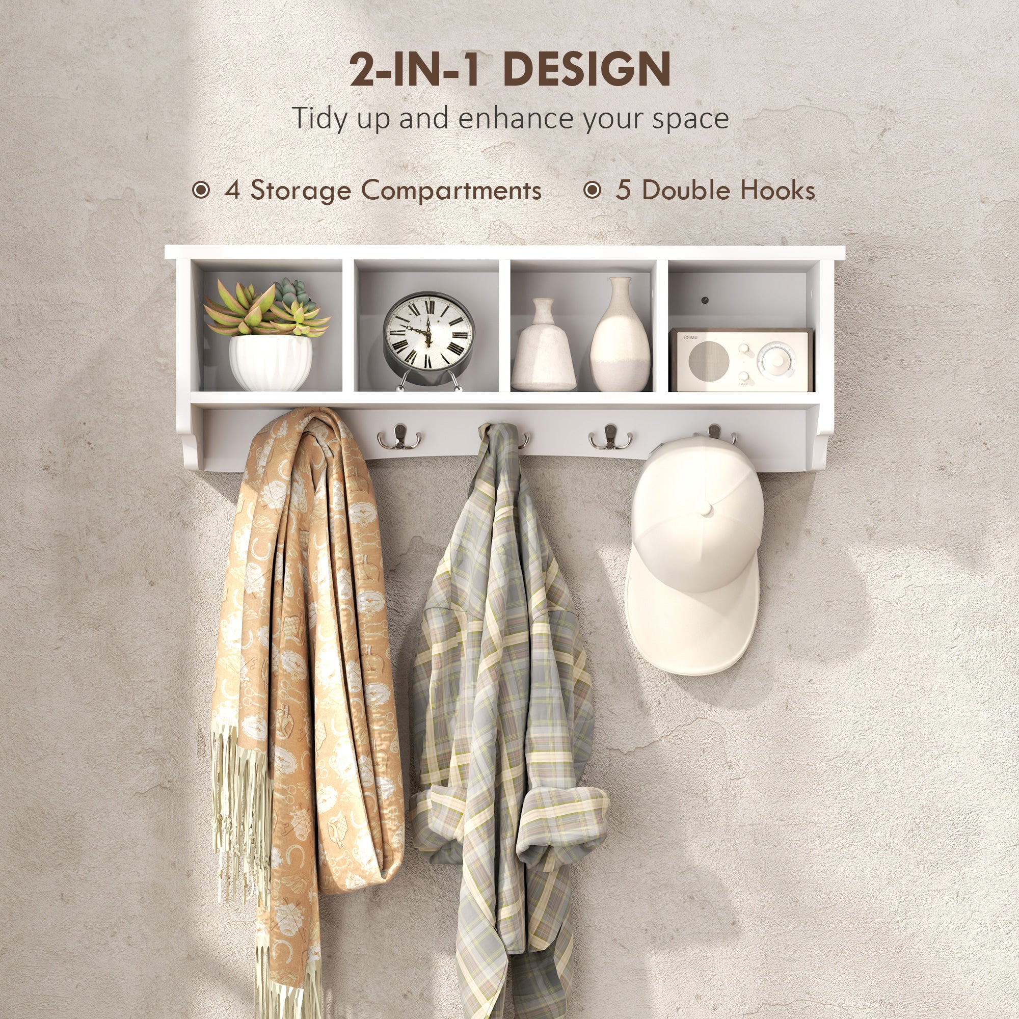 HOMCOM Coat Rack Wall Mount with Shelf, 28" Wall Coat Rack with 5 Double Hooks and 4 Storage Compartments for Bathroom, Living Room, Bedroom, Entryway, White