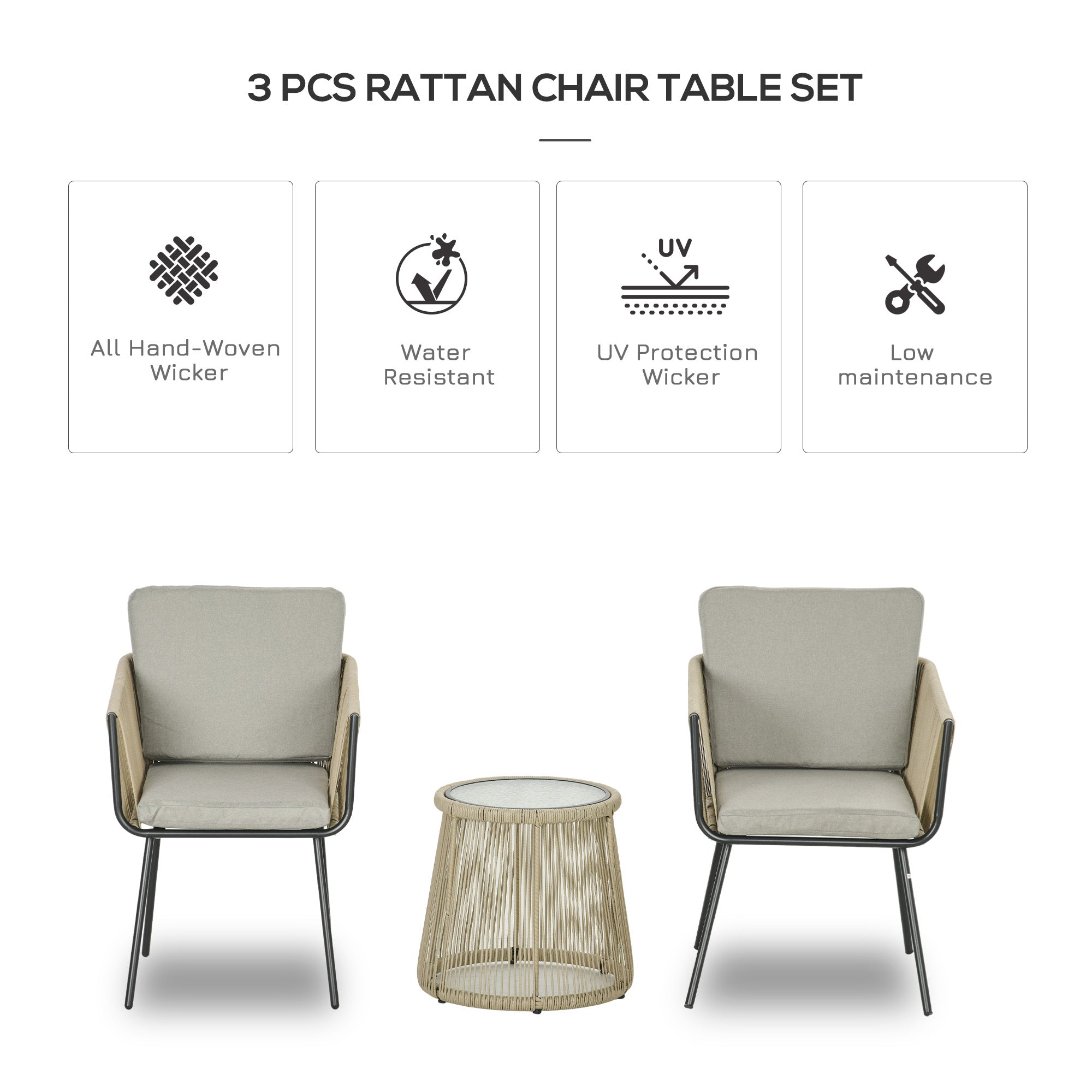 Outsunny 3 Pieces Wicker Patio Furniture Set, Rattan Bistro Set with Coffee Table and Cushions, Outdoor Conversation Set for Garden, Porch, Balcony, Coffee and Light Grey