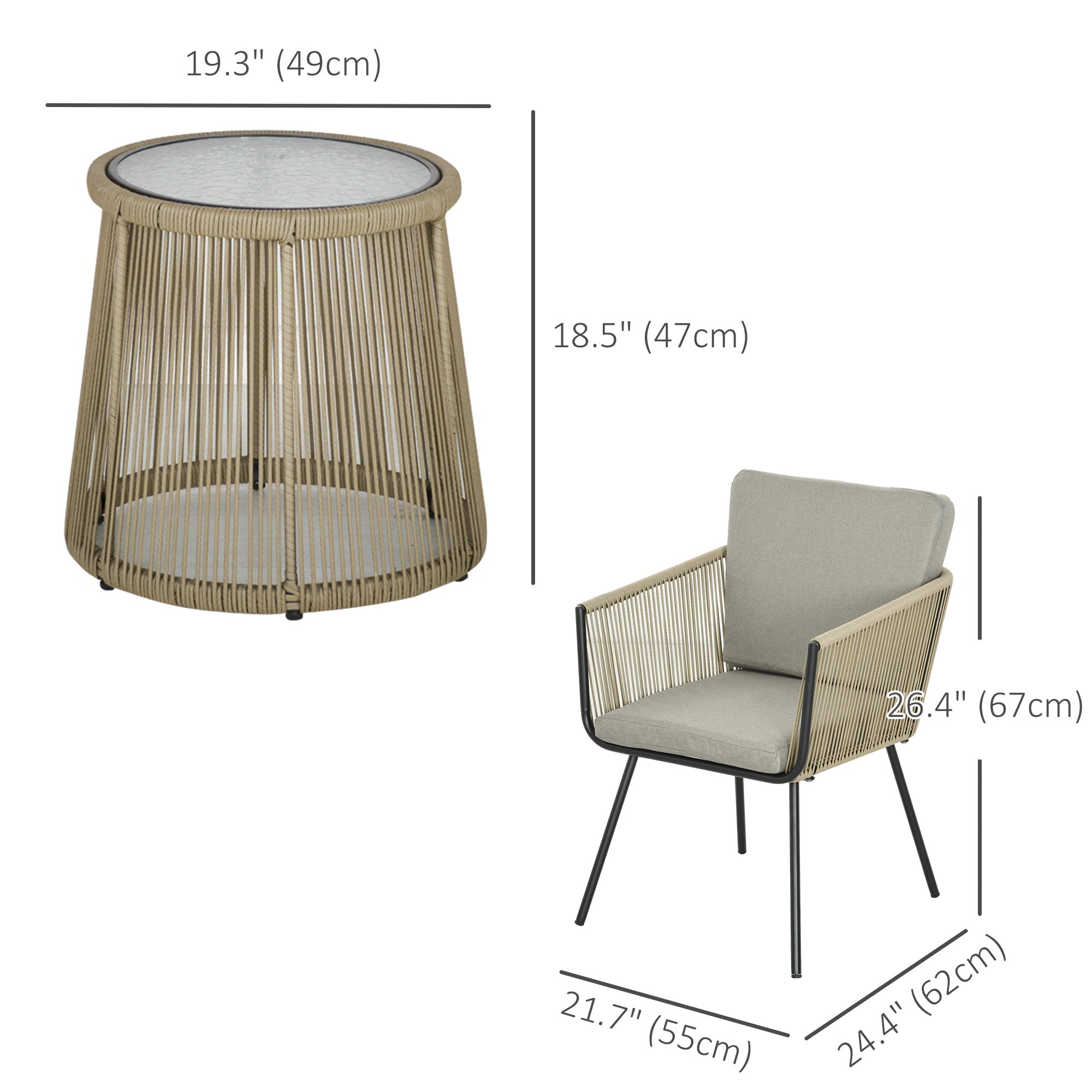 Outsunny 3 Pieces Wicker Patio Furniture Set, Rattan Bistro Set with Coffee Table and Cushions, Outdoor Conversation Set for Garden, Porch, Balcony, Coffee and Light Grey