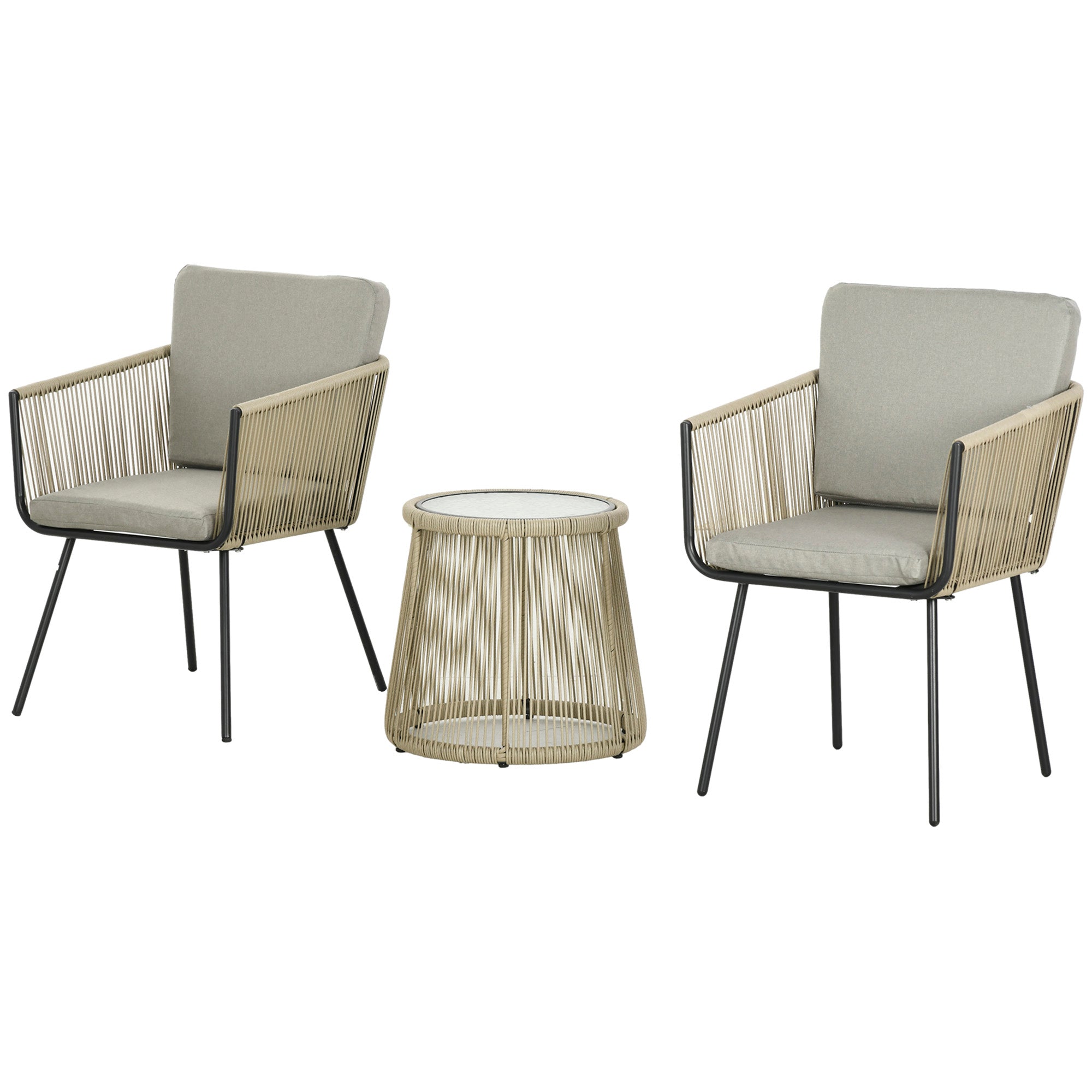 Outsunny 3 Pieces Wicker Patio Furniture Set, Rattan Bistro Set with Coffee Table and Cushions, Outdoor Conversation Set for Garden, Porch, Balcony, Coffee and Light Grey