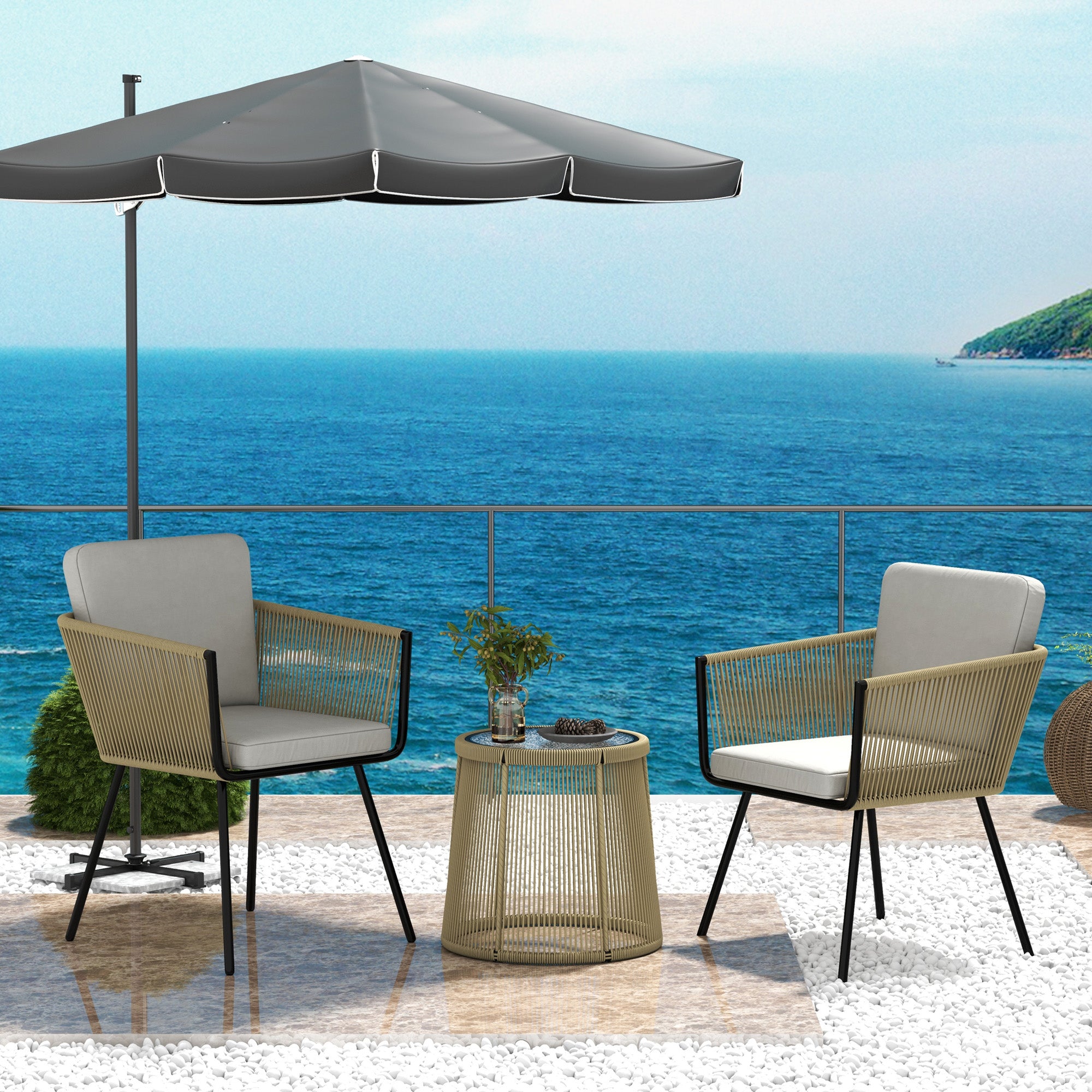 Outsunny 3 Pieces Wicker Patio Furniture Set, Rattan Bistro Set with Coffee Table and Cushions, Outdoor Conversation Set for Garden, Porch, Balcony, Coffee and Light Grey