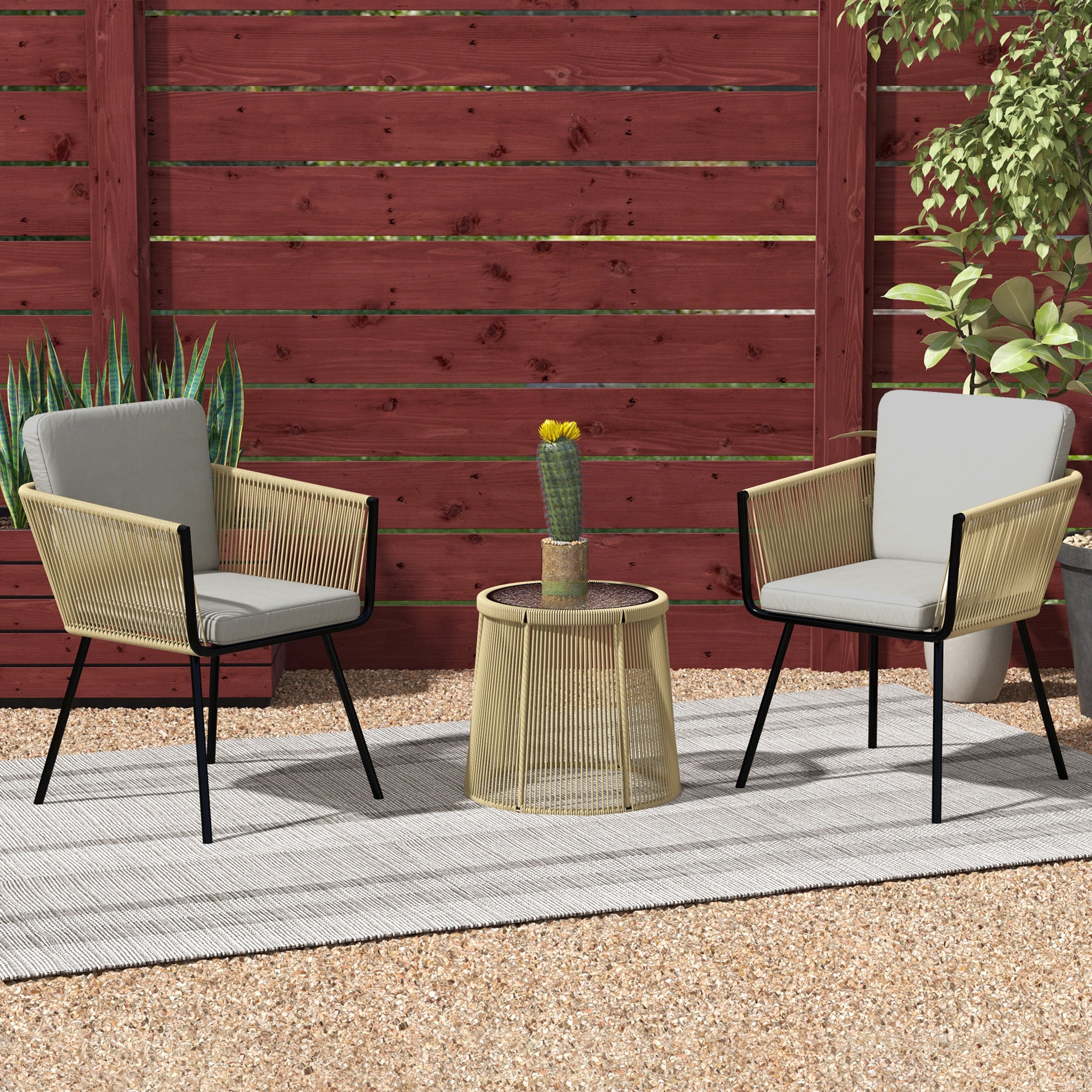 Outsunny 3 Pieces Wicker Patio Furniture Set, Rattan Bistro Set with Coffee Table and Cushions, Outdoor Conversation Set for Garden, Porch, Balcony, Coffee and Light Grey