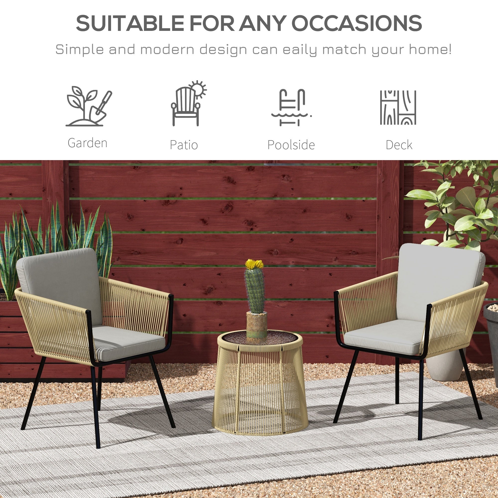 Outsunny 3 Pieces Wicker Patio Furniture Set, Rattan Bistro Set with Coffee Table and Cushions, Outdoor Conversation Set for Garden, Porch, Balcony, Coffee and Light Grey