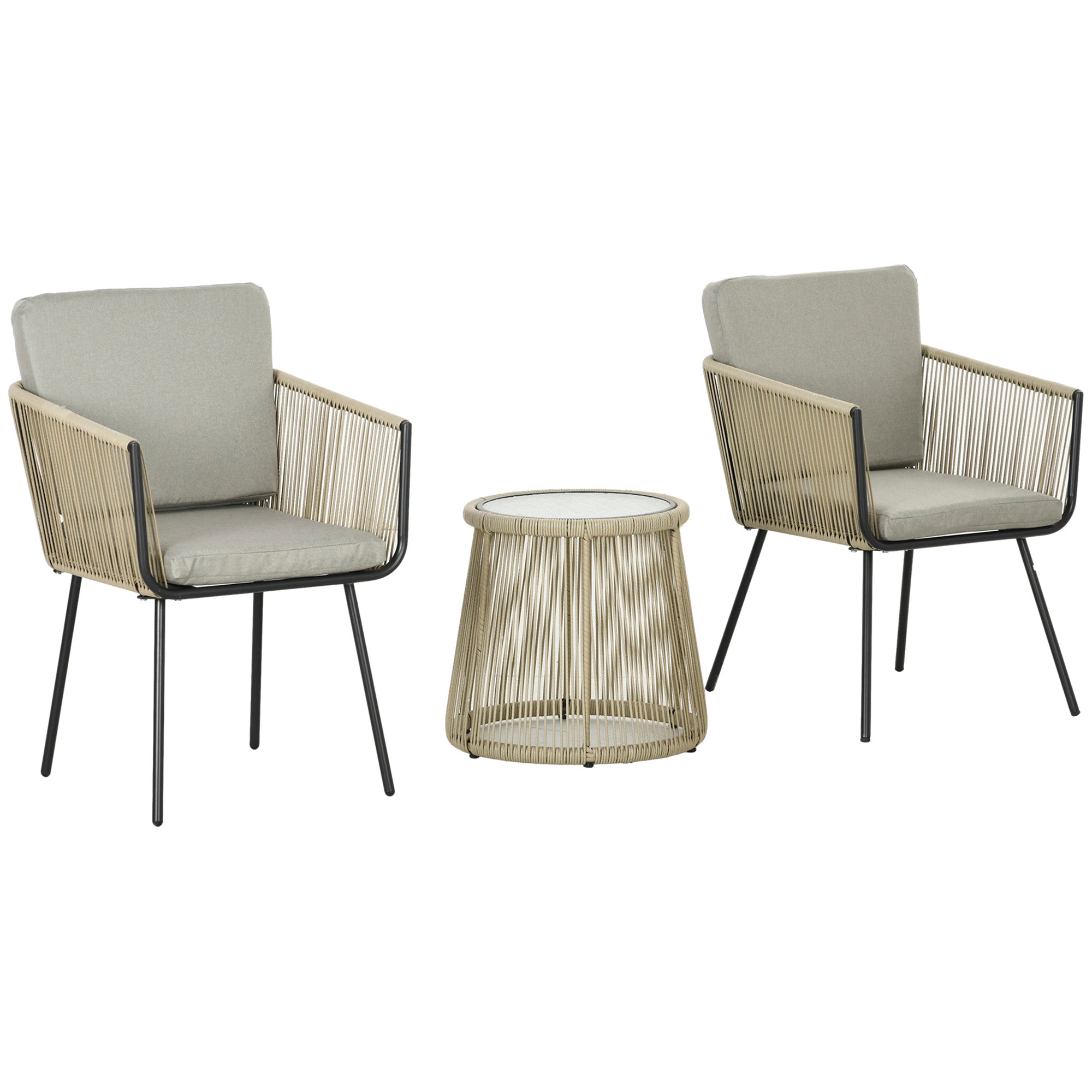 Outsunny 3 Pieces Wicker Patio Furniture Set, Rattan Bistro Set with Coffee Table and Cushions, Outdoor Conversation Set for Garden, Porch, Balcony, Coffee and Light Grey