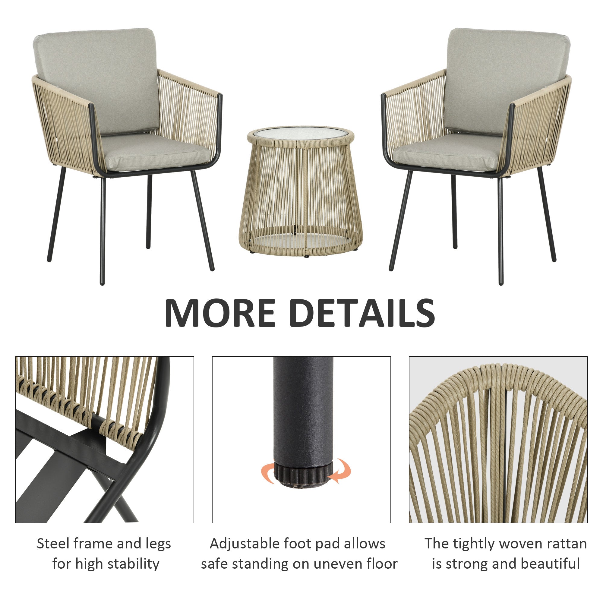 Outsunny 3 Pieces Wicker Patio Furniture Set, Rattan Bistro Set with Coffee Table and Cushions, Outdoor Conversation Set for Garden, Porch, Balcony, Coffee and Light Grey