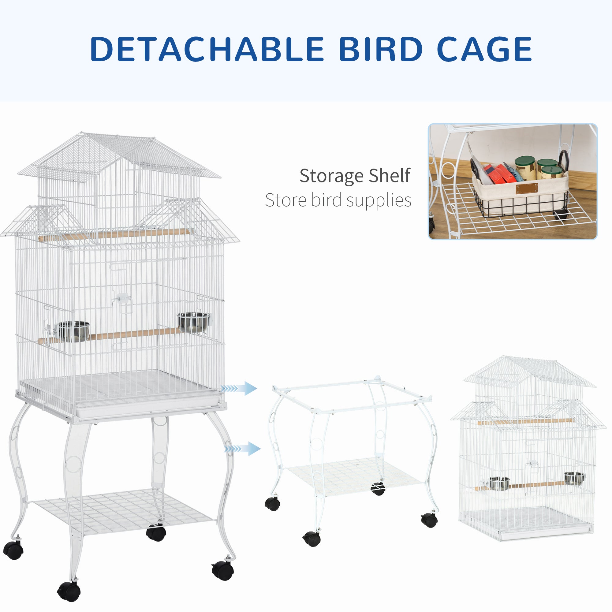 PawHut 53.9'' Large Rolling Steel Bird Cage Bird House with Detachable Rolling Stand, Storage Shelf, Wood Perch, Food Container, White