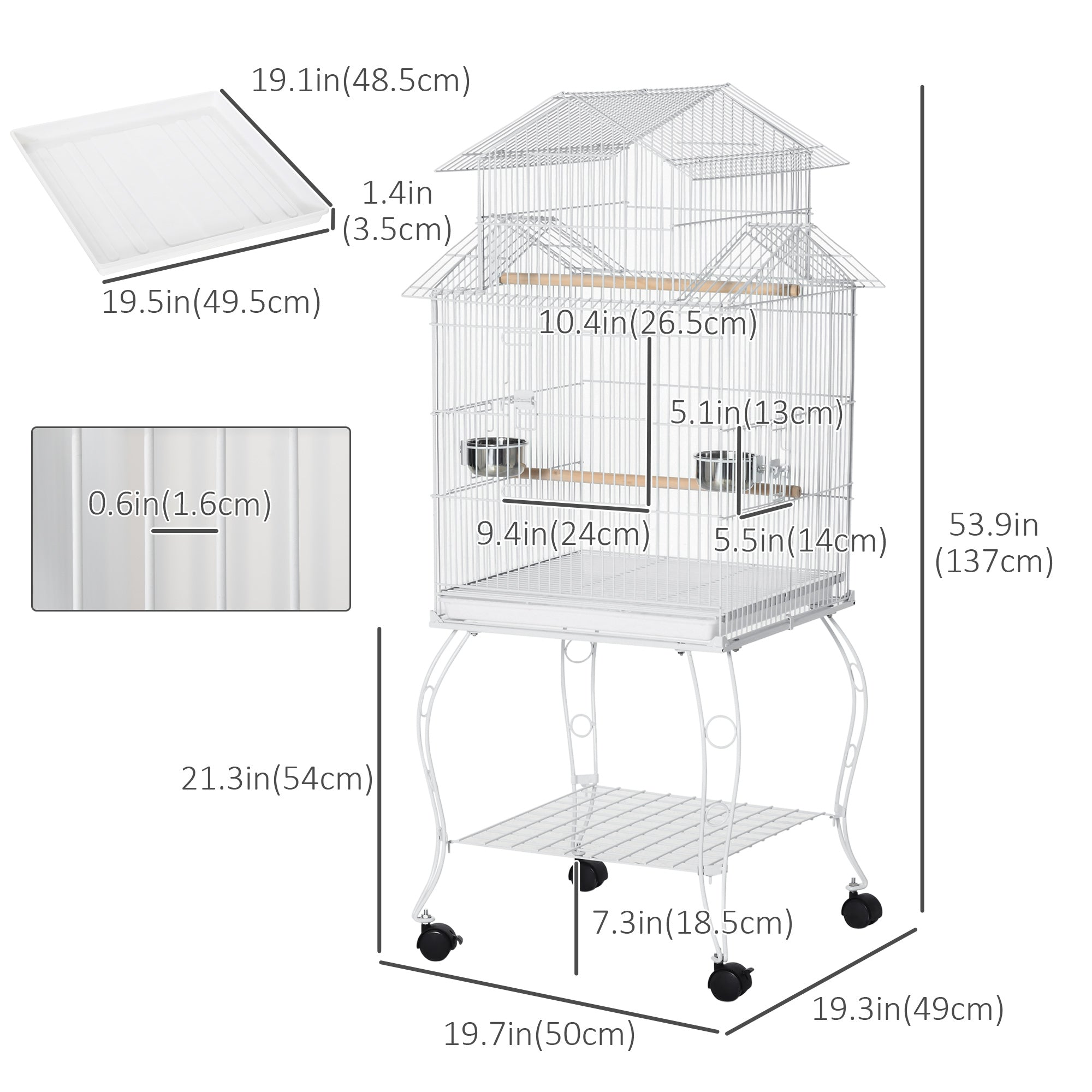 PawHut 53.9'' Large Rolling Steel Bird Cage Bird House with Detachable Rolling Stand, Storage Shelf, Wood Perch, Food Container, White