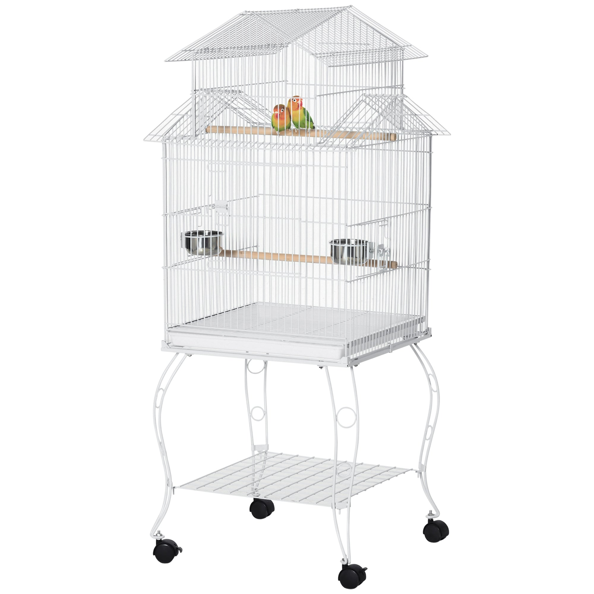 PawHut 53.9'' Large Rolling Steel Bird Cage Bird House with Detachable Rolling Stand, Storage Shelf, Wood Perch, Food Container, White