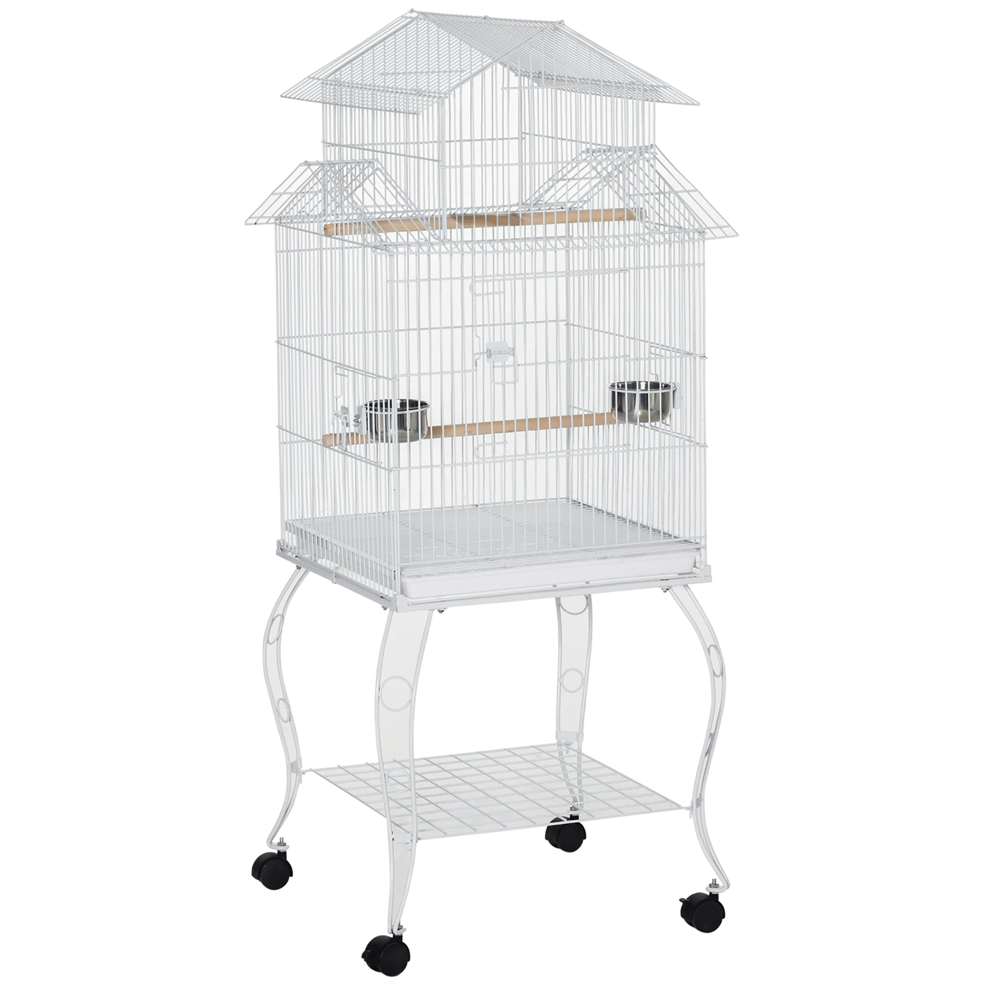 PawHut 53.9'' Large Rolling Steel Bird Cage Bird House with Detachable Rolling Stand, Storage Shelf, Wood Perch, Food Container, White