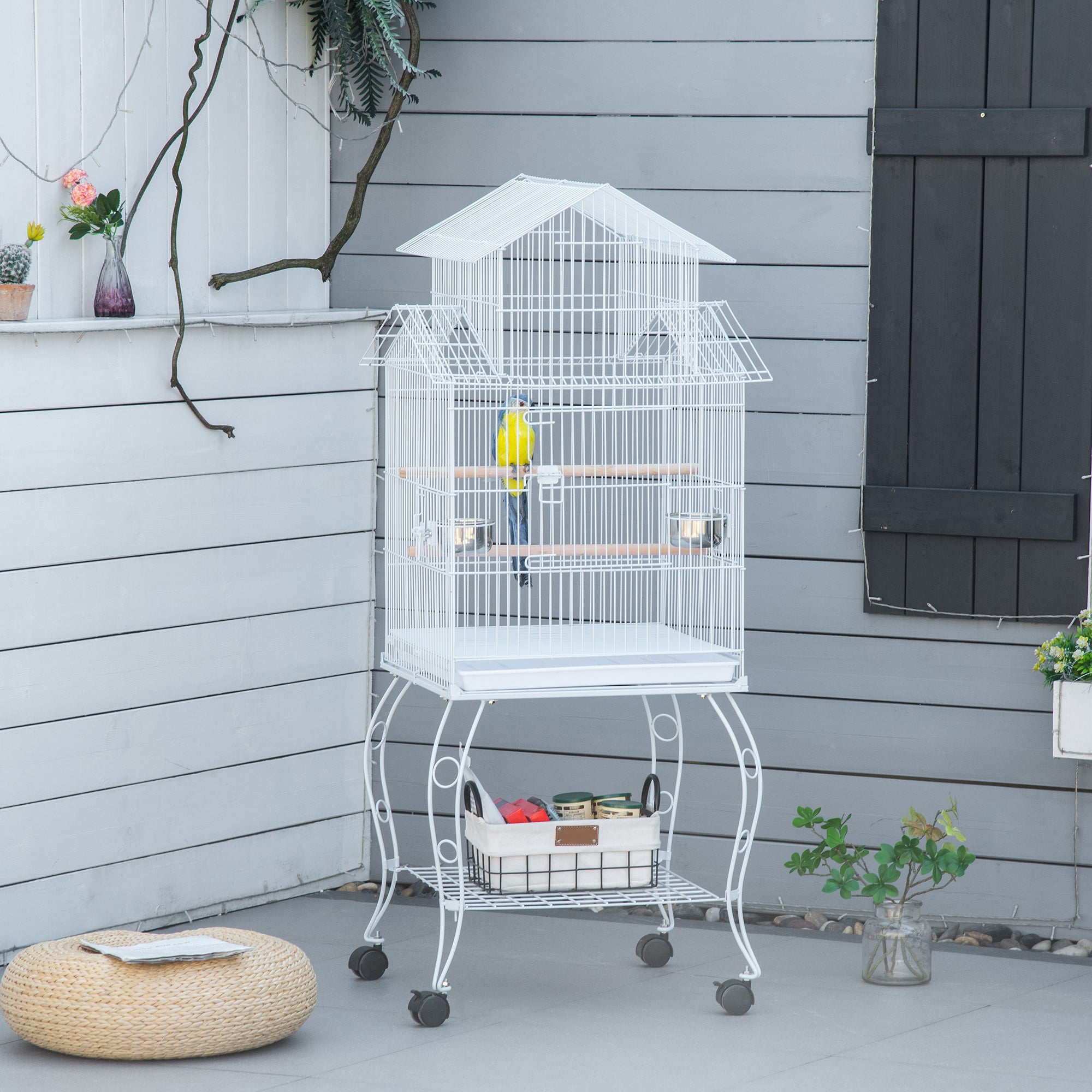 PawHut 53.9'' Large Rolling Steel Bird Cage Bird House with Detachable Rolling Stand, Storage Shelf, Wood Perch, Food Container, White