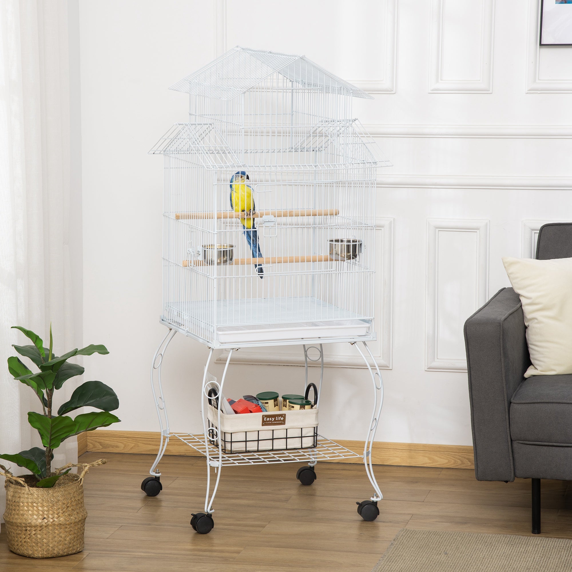 PawHut 53.9'' Large Rolling Steel Bird Cage Bird House with Detachable Rolling Stand, Storage Shelf, Wood Perch, Food Container, White