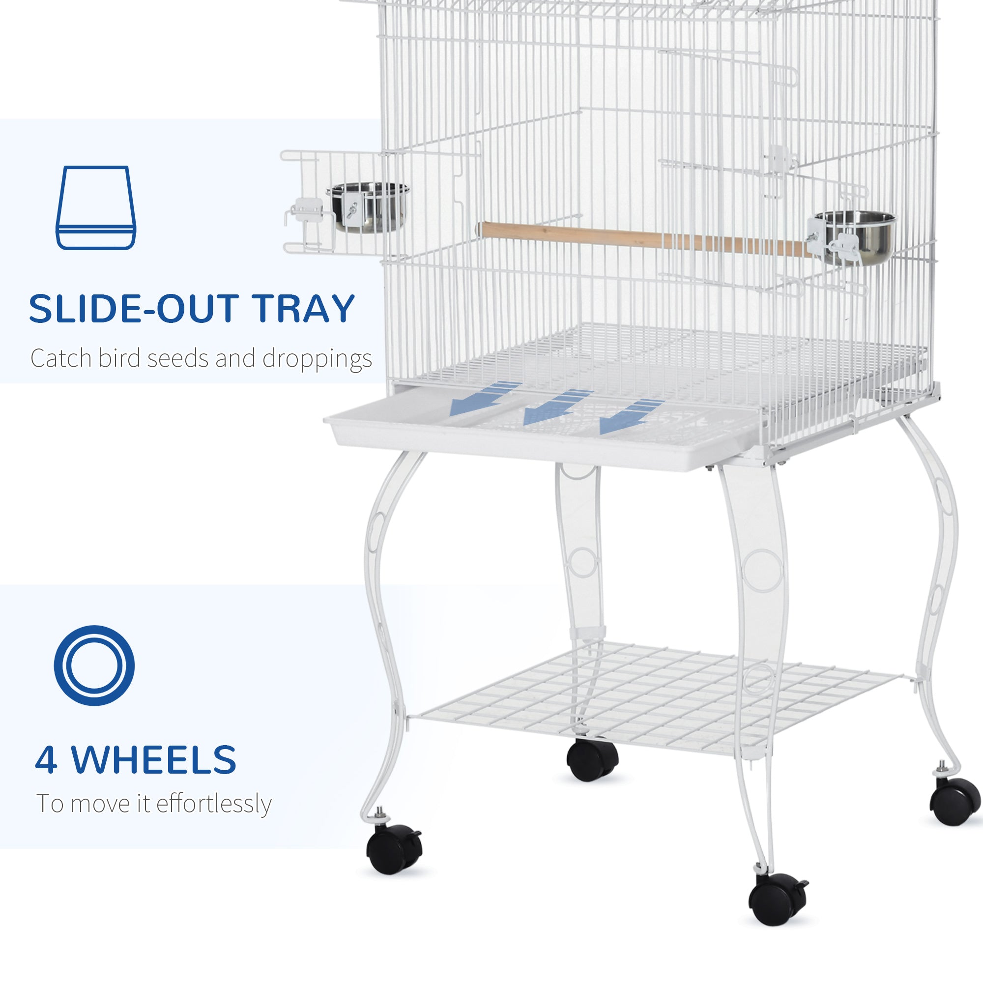 PawHut 53.9'' Large Rolling Steel Bird Cage Bird House with Detachable Rolling Stand, Storage Shelf, Wood Perch, Food Container, White