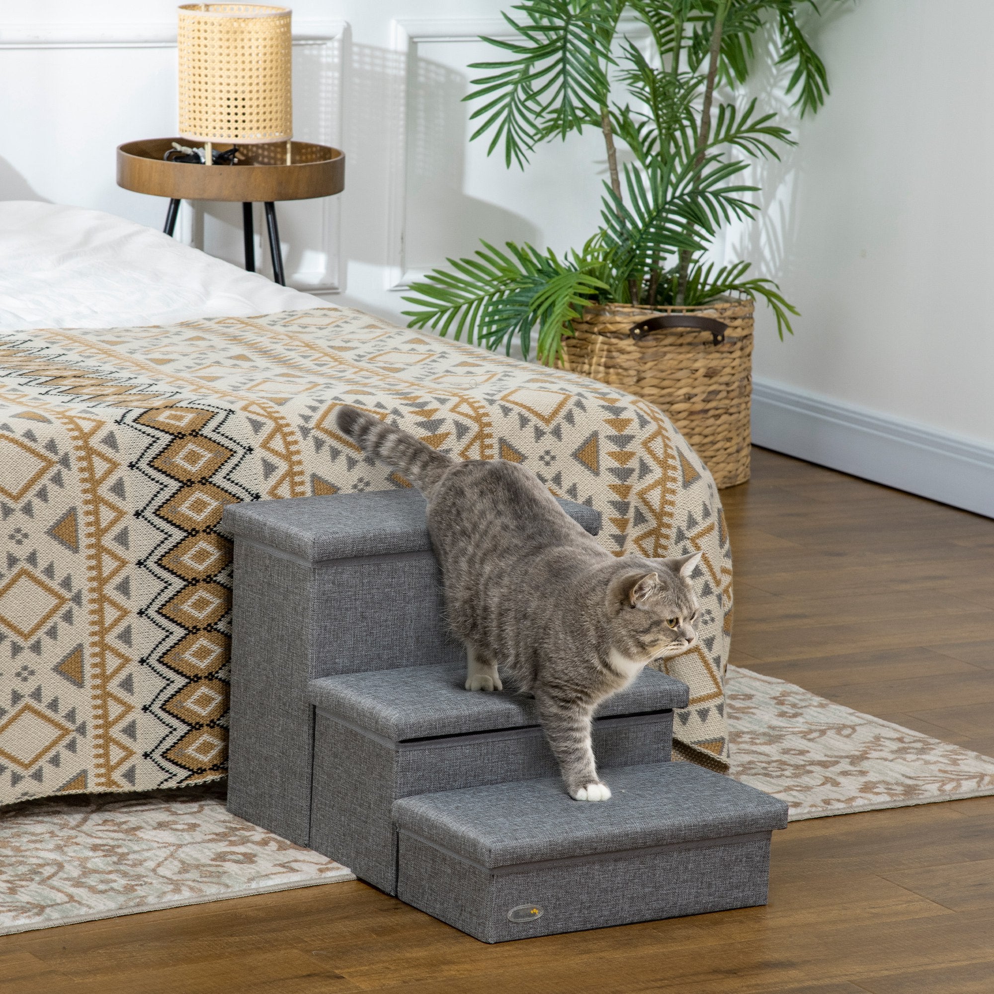 PawHut 3 Step Dog Steps with Storage Boxes, Cat Stairs for Bed, Pet Ladder for Couch, Sofa - Light Grey