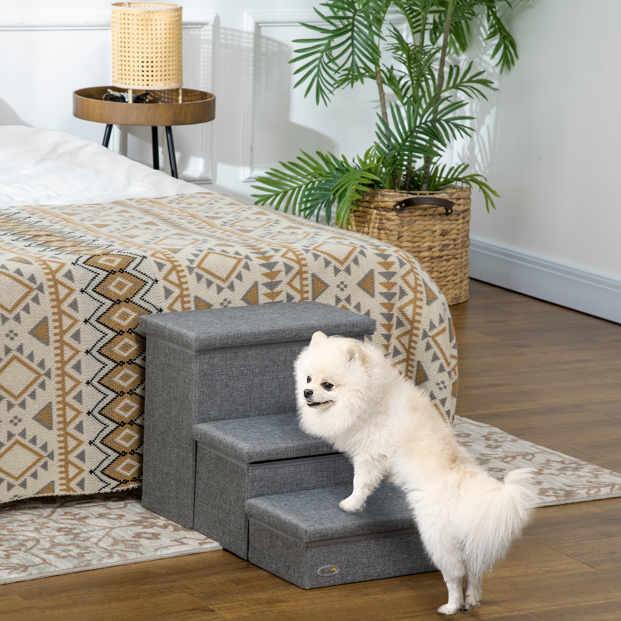 PawHut Pet Stairs, 3-Tier Dog Steps for High Bed Couch with Storage Box, Portable Pet Steps Home Ladder for Small Cat and Dog, Light Grey