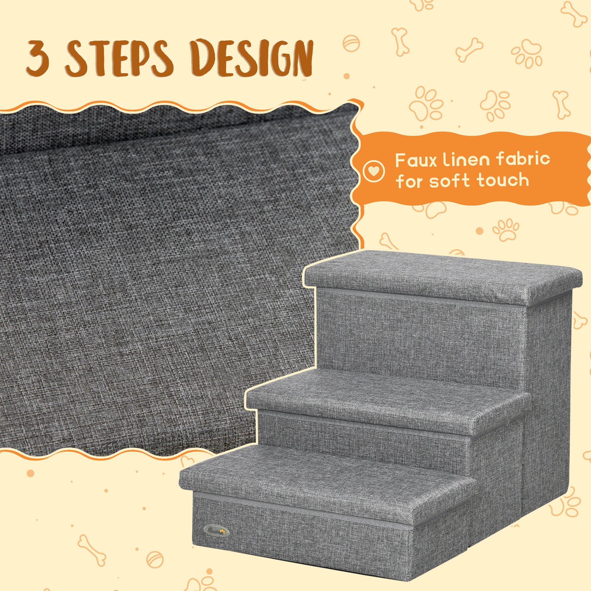 PawHut Pet Stairs, 3-Tier Dog Steps for High Bed Couch with Storage Box, Portable Pet Steps Home Ladder for Small Cat and Dog, Light Grey