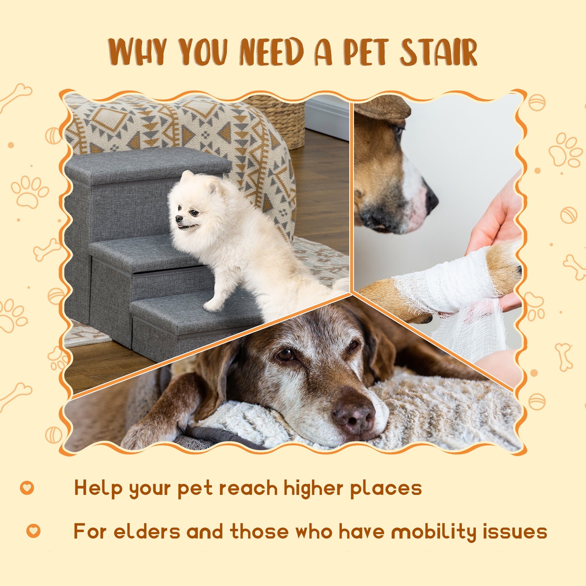 PawHut Pet Stairs, 3-Tier Dog Steps for High Bed Couch with Storage Box, Portable Pet Steps Home Ladder for Small Cat and Dog, Light Grey