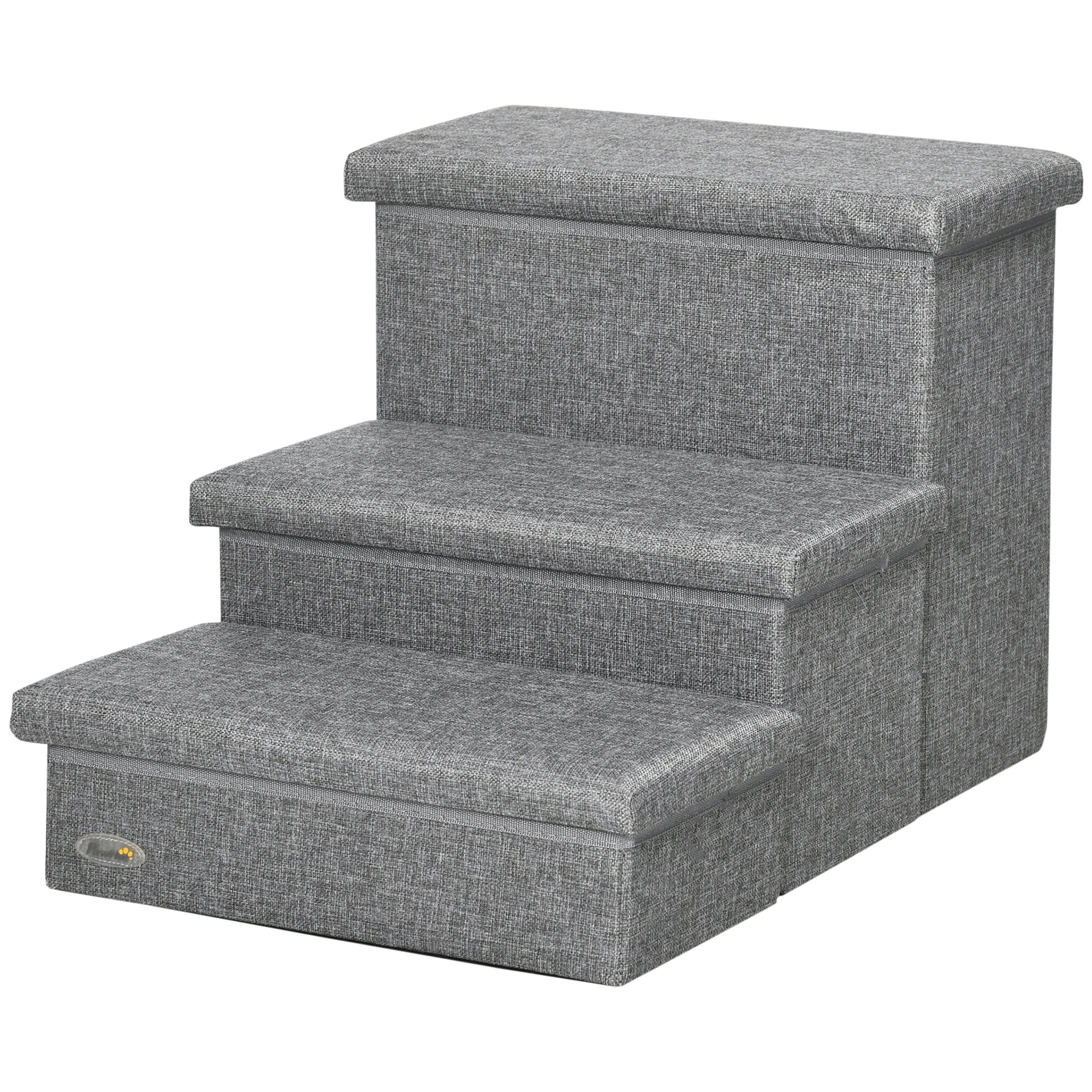PawHut 3 Step Dog Steps with Storage Boxes, Cat Stairs for Bed, Pet Ladder for Couch, Sofa - Light Grey