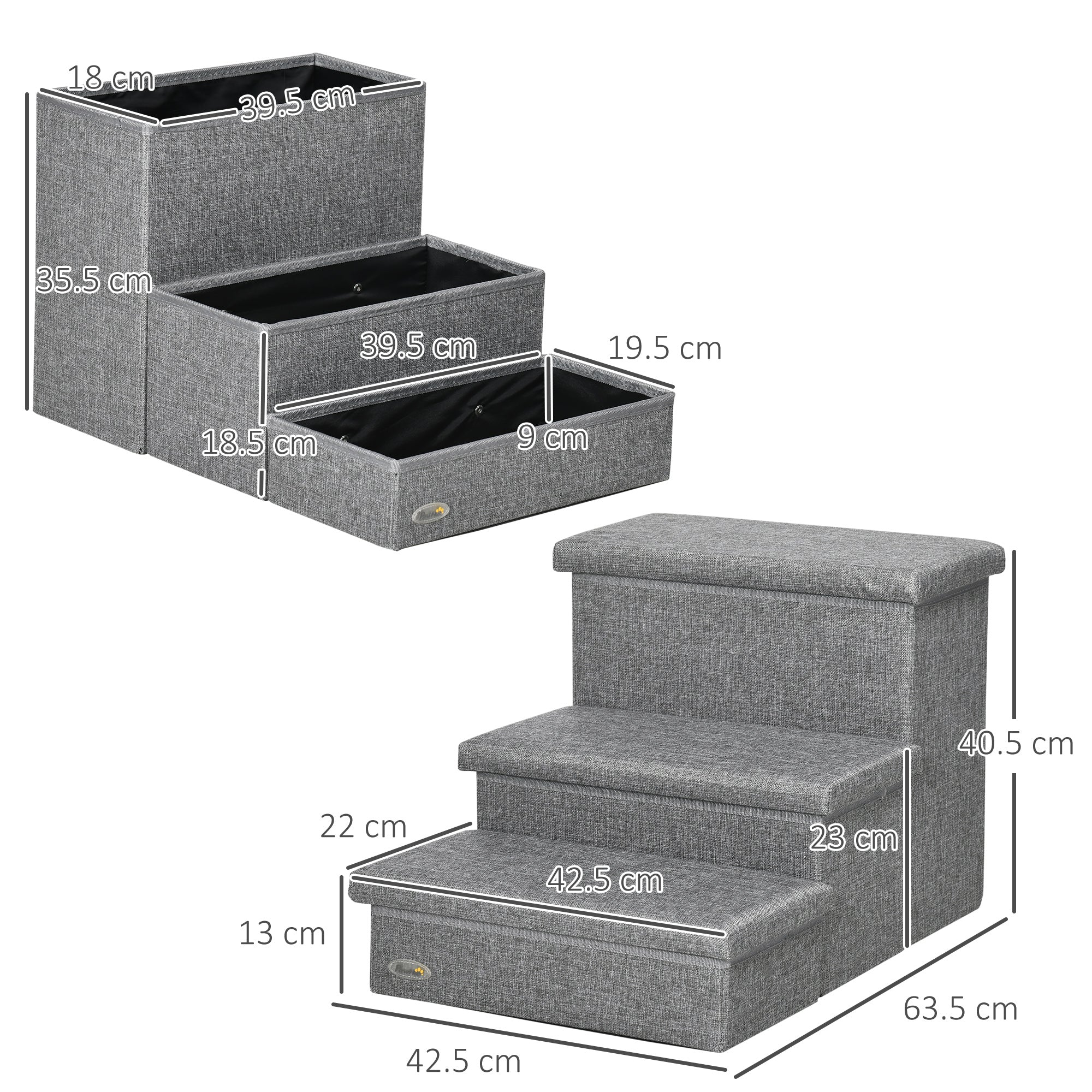 PawHut 3 Step Dog Steps with Storage Boxes, Cat Stairs for Bed, Pet Ladder for Couch, Sofa - Light Grey