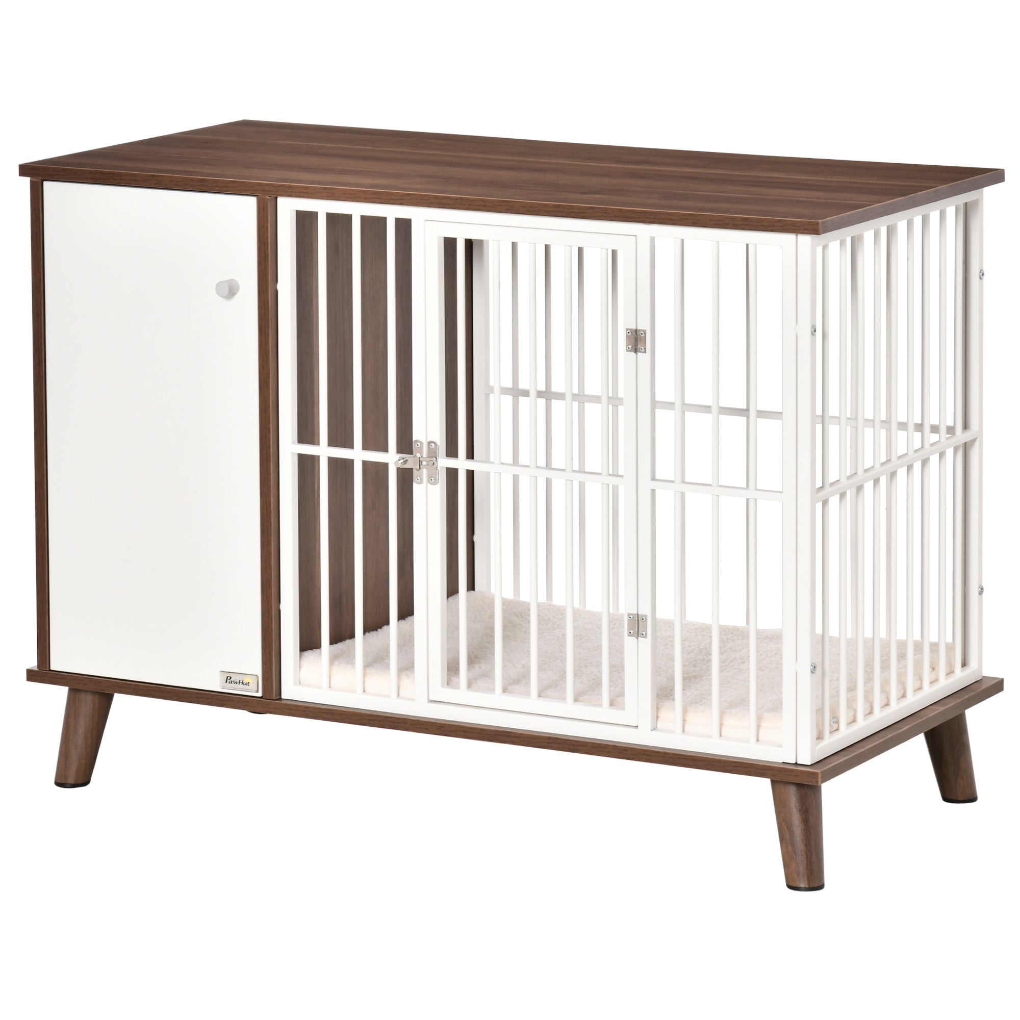 PawHut Wooden Dog Kennel, End Table Furniture with Cushion & Lockable Magnetic Doors, Small Size Pet Crate Indoor Puppy Cage, Brown