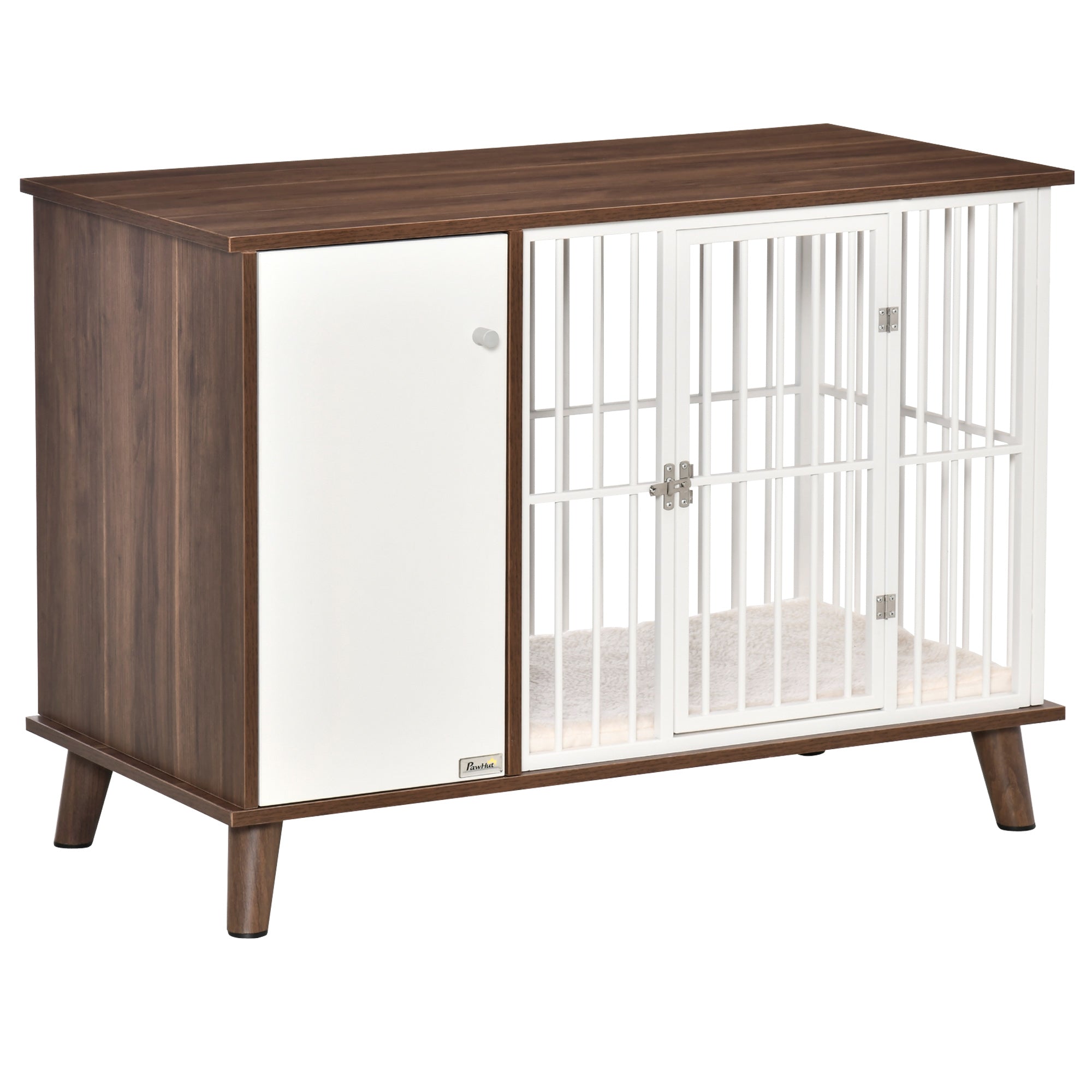 PawHut Wooden Dog Kennel, End Table Furniture with Cushion & Lockable Magnetic Doors, Small Size Pet Crate Indoor Puppy Cage, Brown