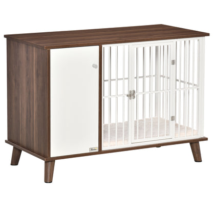 PawHut Wooden Dog Kennel, End Table Furniture with Cushion & Lockable Magnetic Doors, Small Size Pet Crate Indoor Puppy Cage, Brown