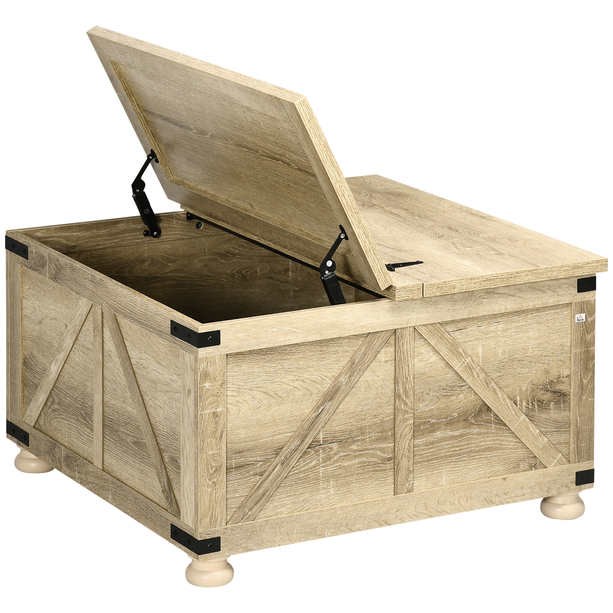 HOMCOM Farmhouse Coffee Table, Square Center Table with Flip-top Lids, Living Room Table with Hidden Storage Compartment and Wooden Legs, Oak