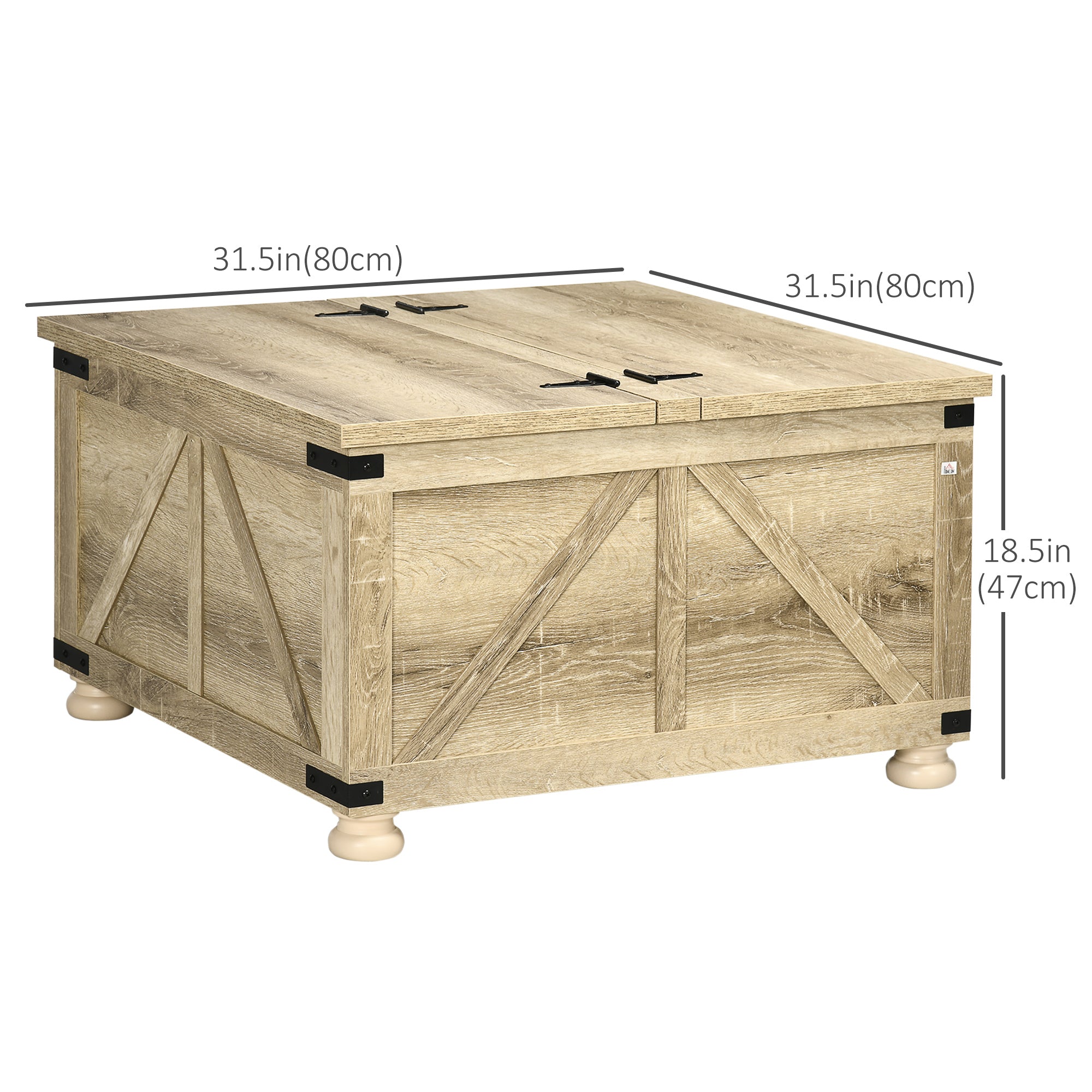 HOMCOM Farmhouse Coffee Table, Square Center Table with Flip-top Lids, Living Room Table with Hidden Storage Compartment and Wooden Legs, Oak