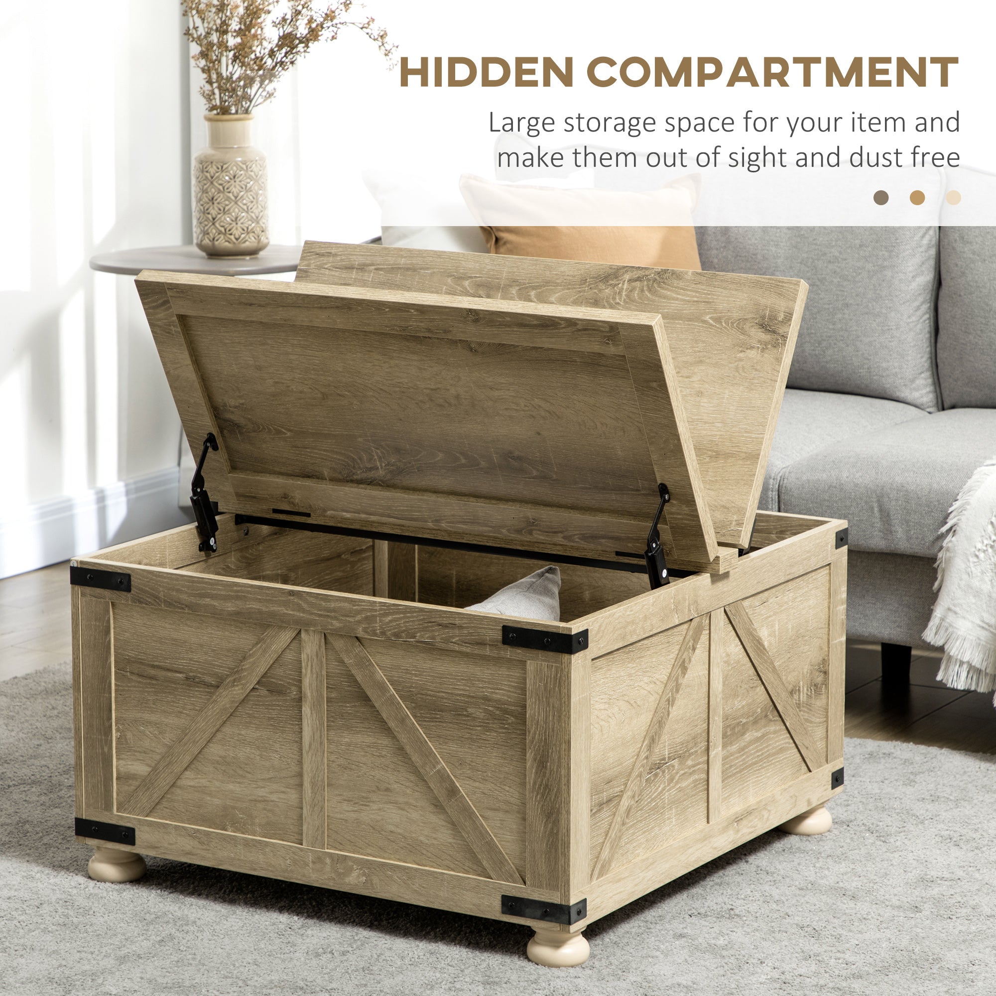 HOMCOM Farmhouse Coffee Table, Square Center Table with Flip-top Lids, Living Room Table with Hidden Storage Compartment and Wooden Legs, Oak