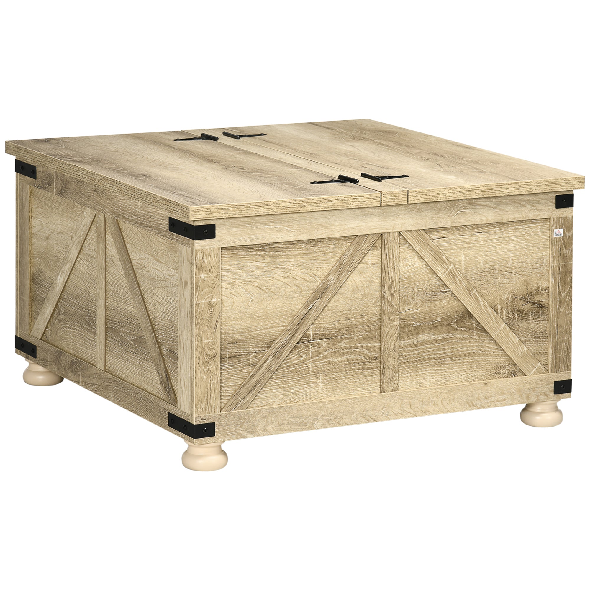 HOMCOM Farmhouse Coffee Table, Square Center Table with Flip-top Lids, Living Room Table with Hidden Storage Compartment and Wooden Legs, Oak