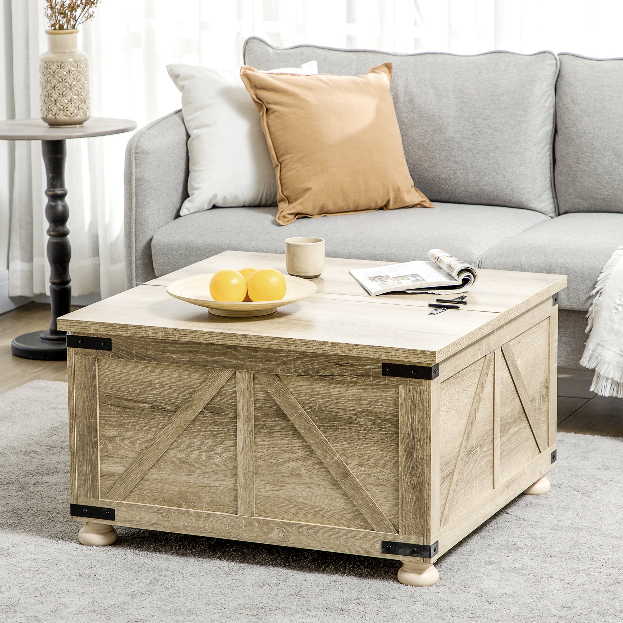 HOMCOM Farmhouse Coffee Table, Square Center Table with Flip-top Lids, Living Room Table with Hidden Storage Compartment and Wooden Legs, Oak