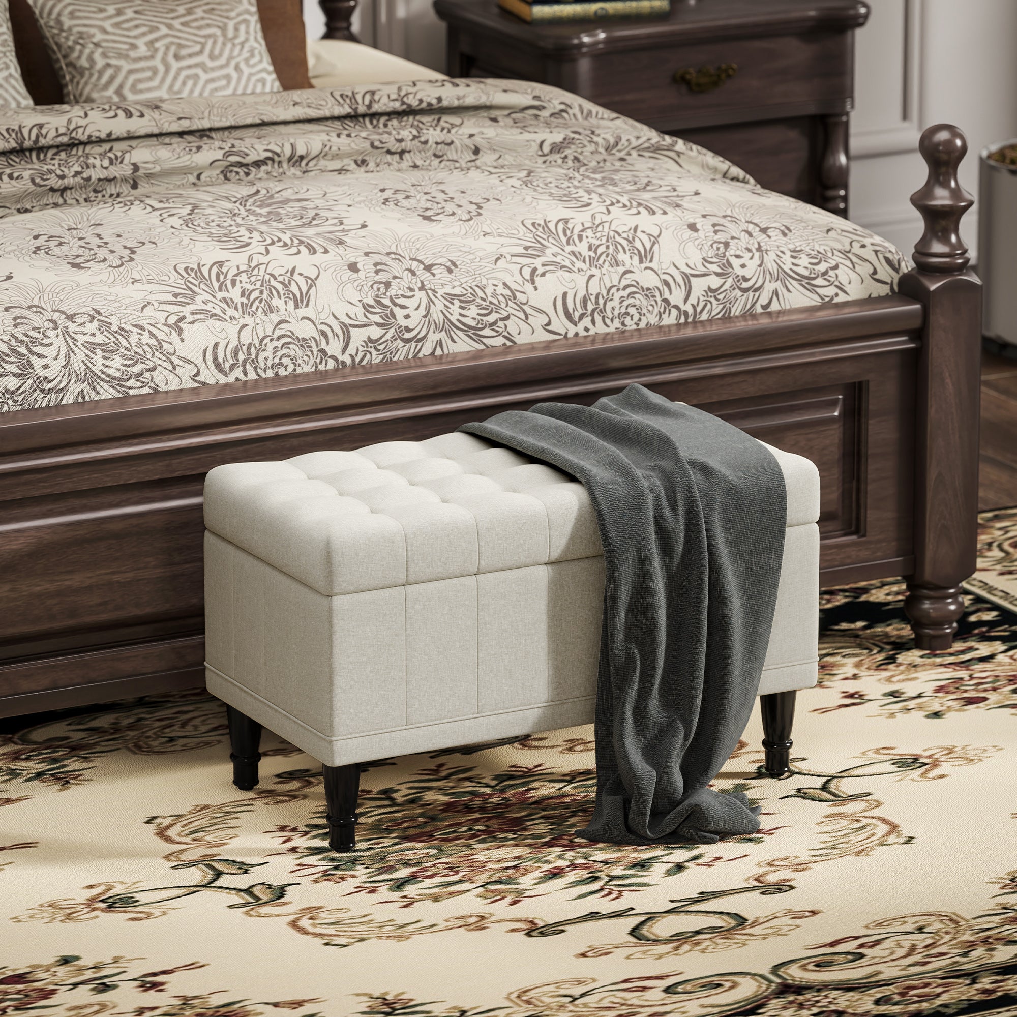 HOMCOM Storage Ottoman, Linen Fabric End of Bed Bench with Soft Close Lid, Button Tufted Storage Bench for Living Room, Entryway or Bedroom, 31.5" x 15.7" x 18.9", Beige