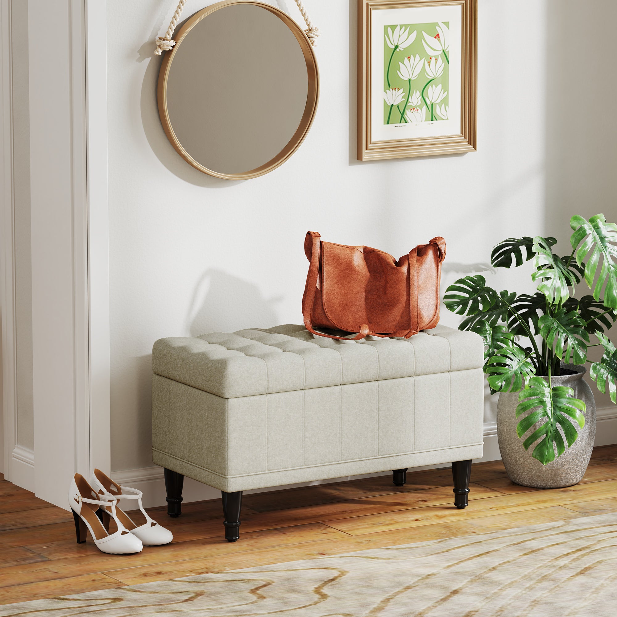 HOMCOM Storage Ottoman, Linen Fabric End of Bed Bench with Soft Close Lid, Button Tufted Storage Bench for Living Room, Entryway or Bedroom, 31.5" x 15.7" x 18.9", Beige