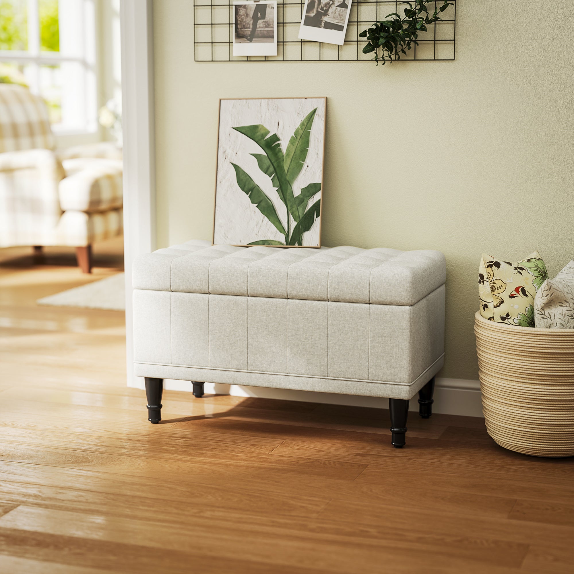 HOMCOM Storage Ottoman, Linen Fabric End of Bed Bench with Soft Close Lid, Button Tufted Storage Bench for Living Room, Entryway or Bedroom, 31.5" x 15.7" x 18.9", Beige